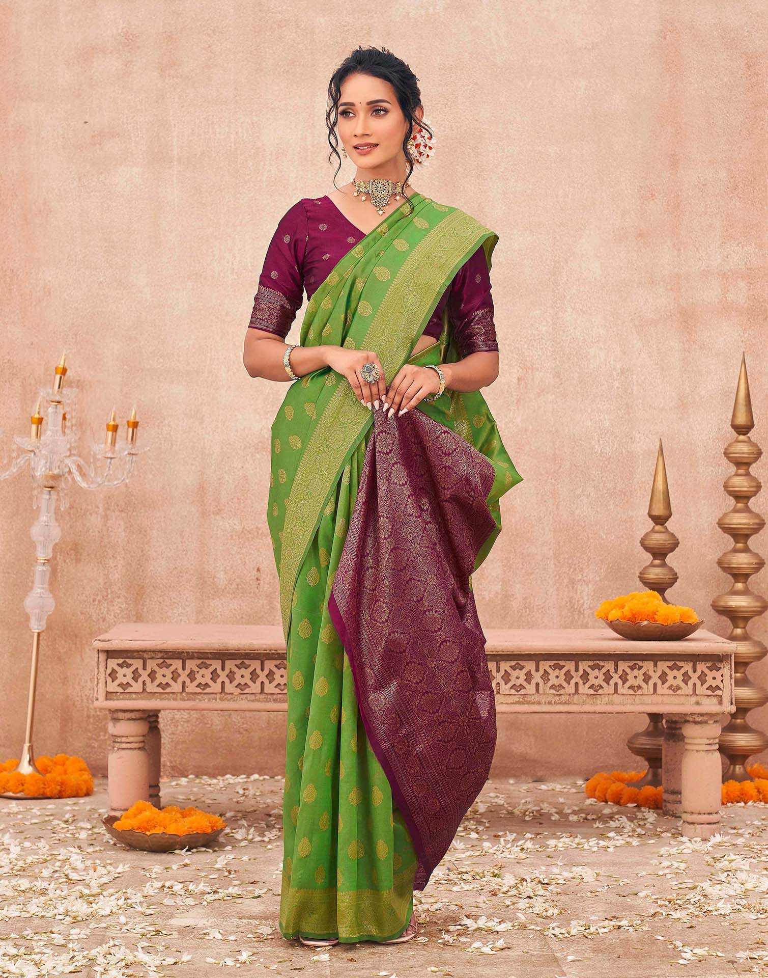 Parrot Green Shimmer Silk Woven Banarasi Saree