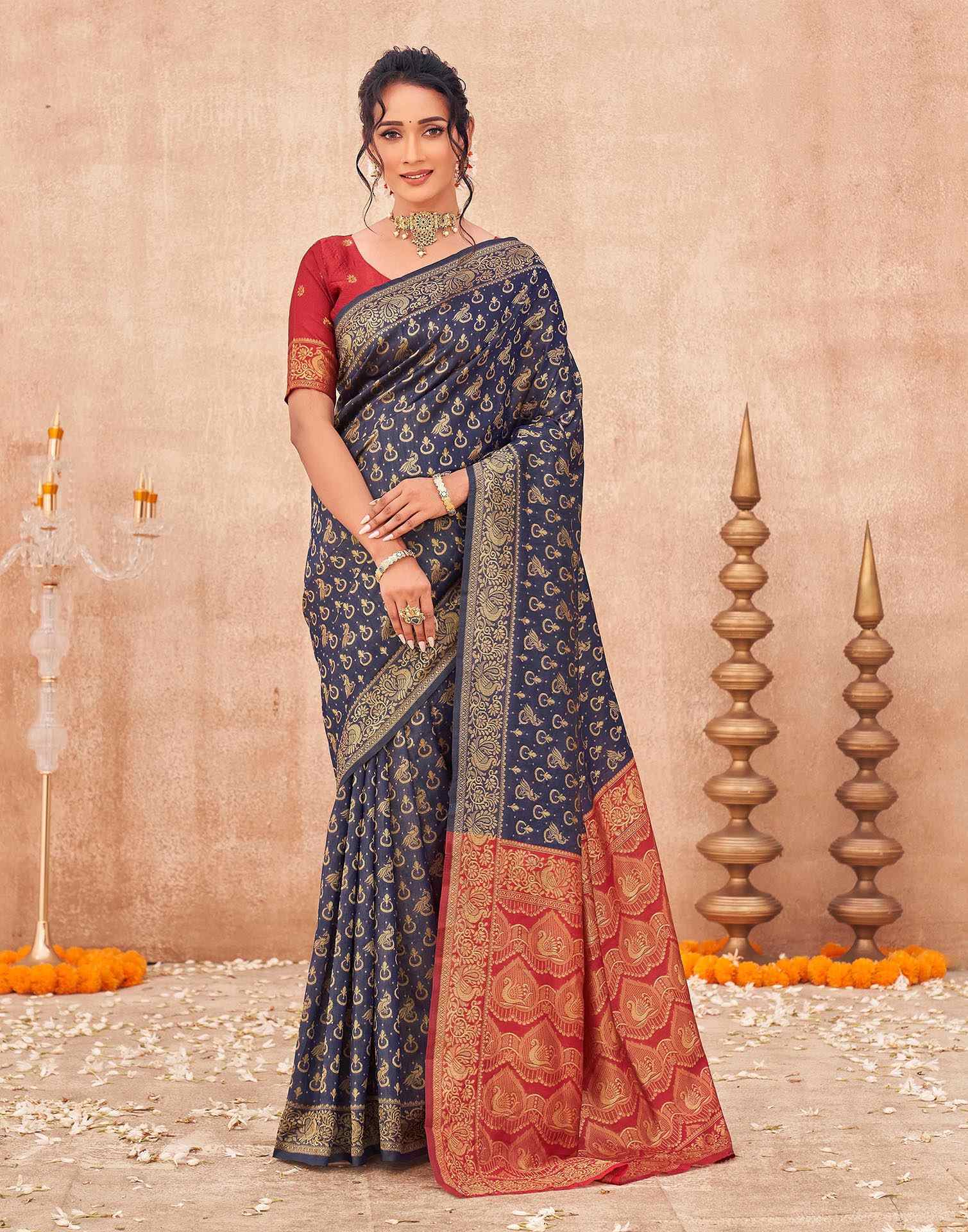 Navy Blue Shimmer Silk Woven Banarasi Saree
