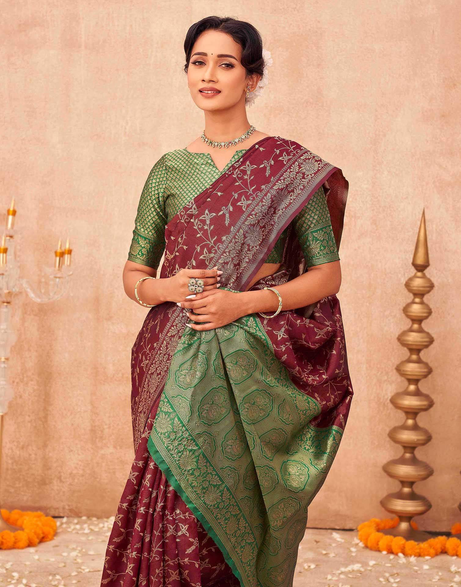 Maroon Shimmer Silk Woven Banarasi Saree