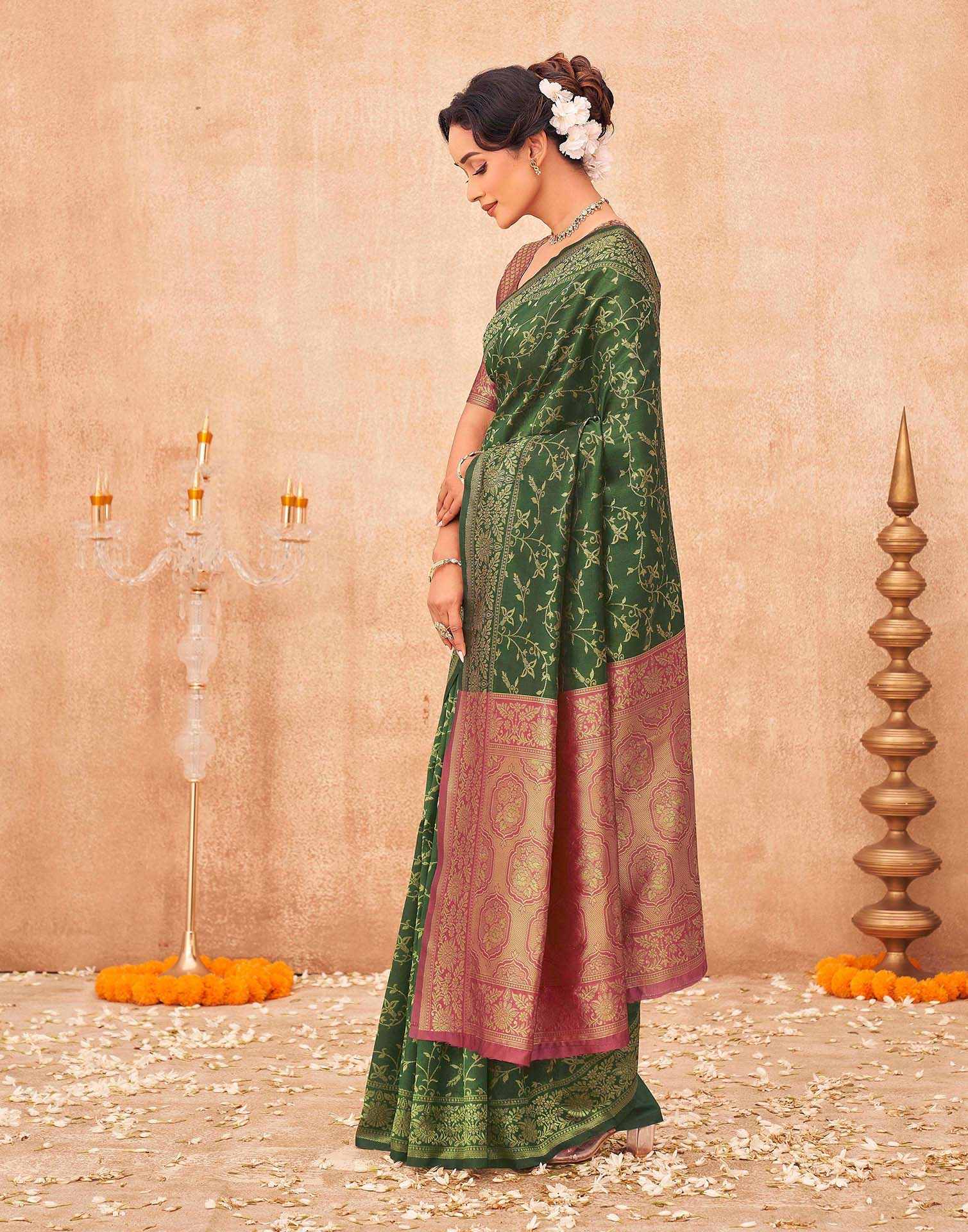 Dark Green Shimmer Silk Woven Banarasi Saree