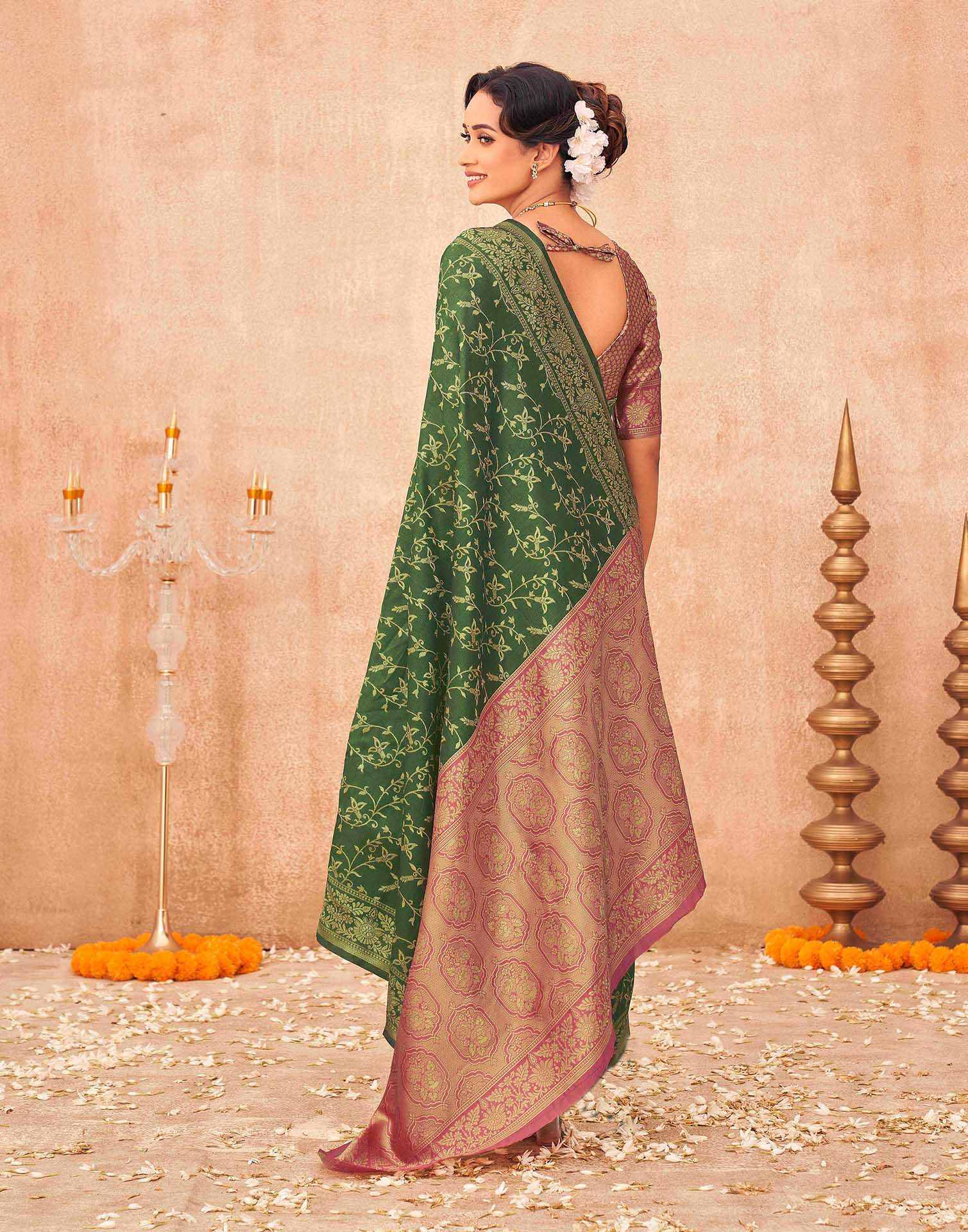 Dark Green Shimmer Silk Woven Banarasi Saree