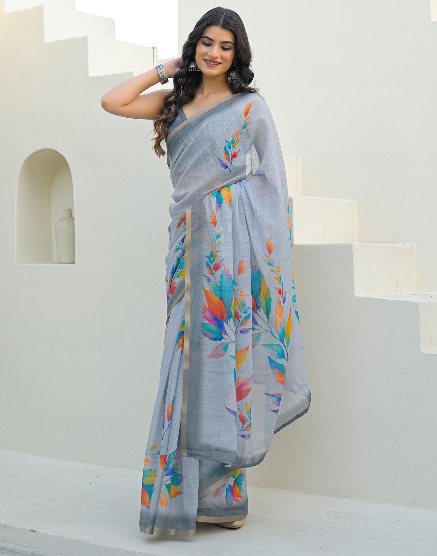 Light Blue Linen Printed Saree