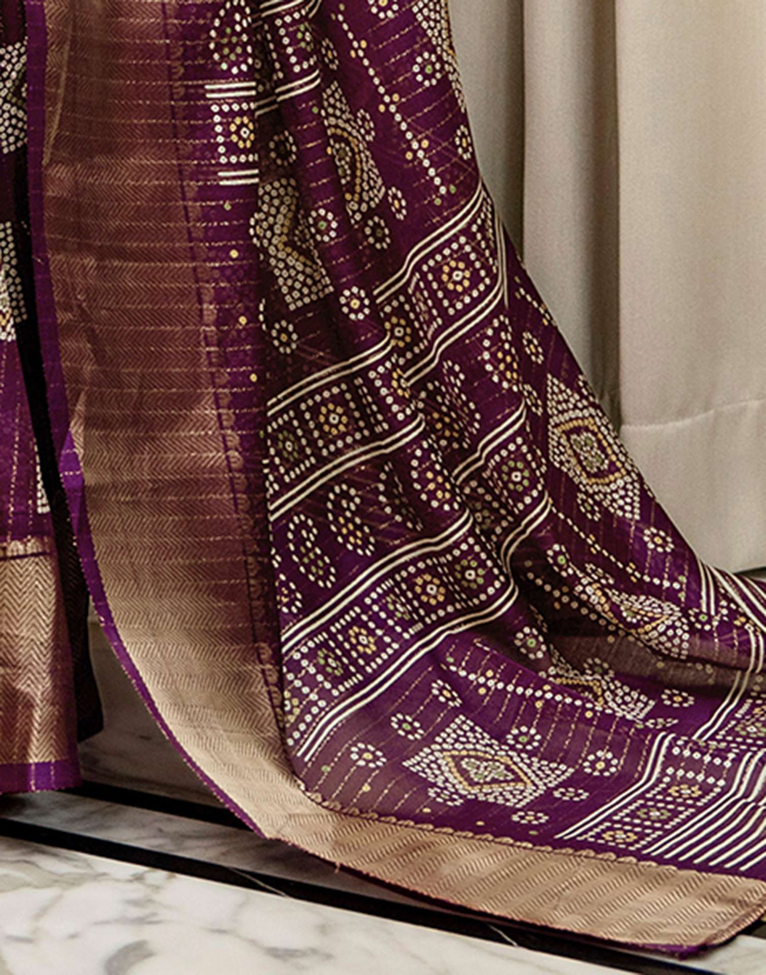 Dark Magenta Silk Bandhani Printed Zari Stripe Saree