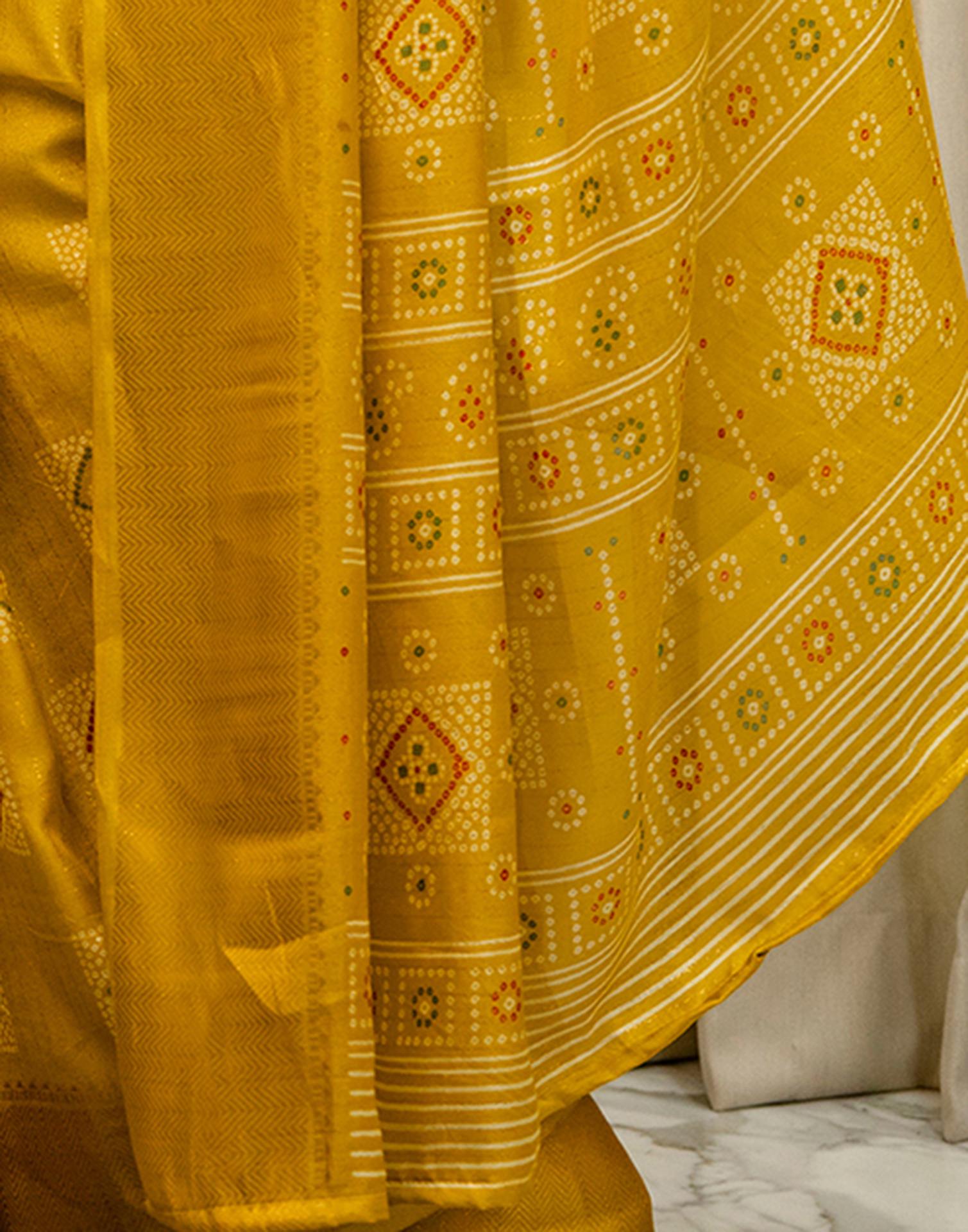 Yellow Silk Bandhani Printed Zari Stripe Saree