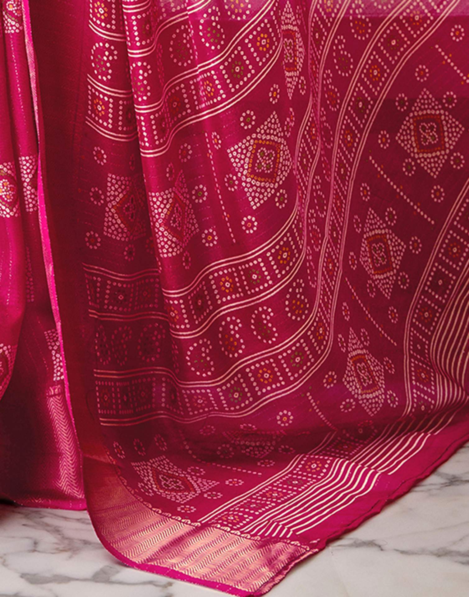 Rani Pink Silk Bandhani Printed Zari Stripe Saree