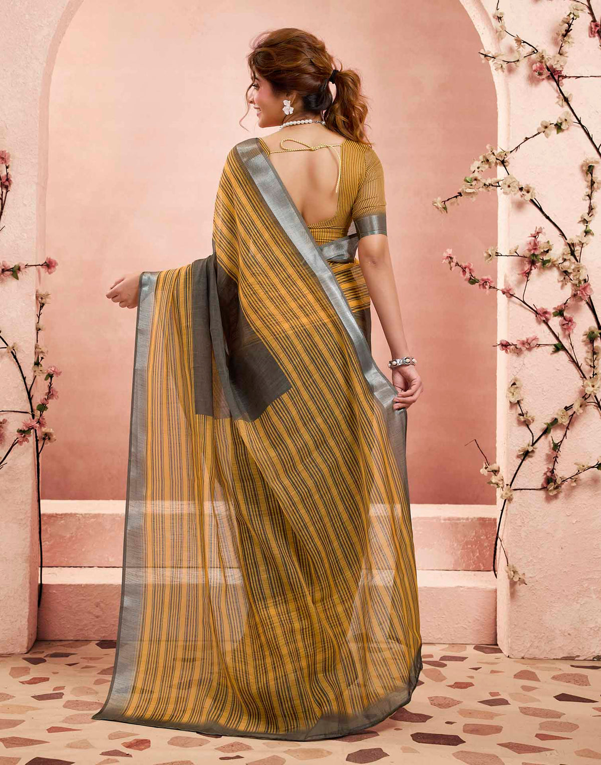 Ready To Wear Mustard Yellow Linen Striped Printed Saree