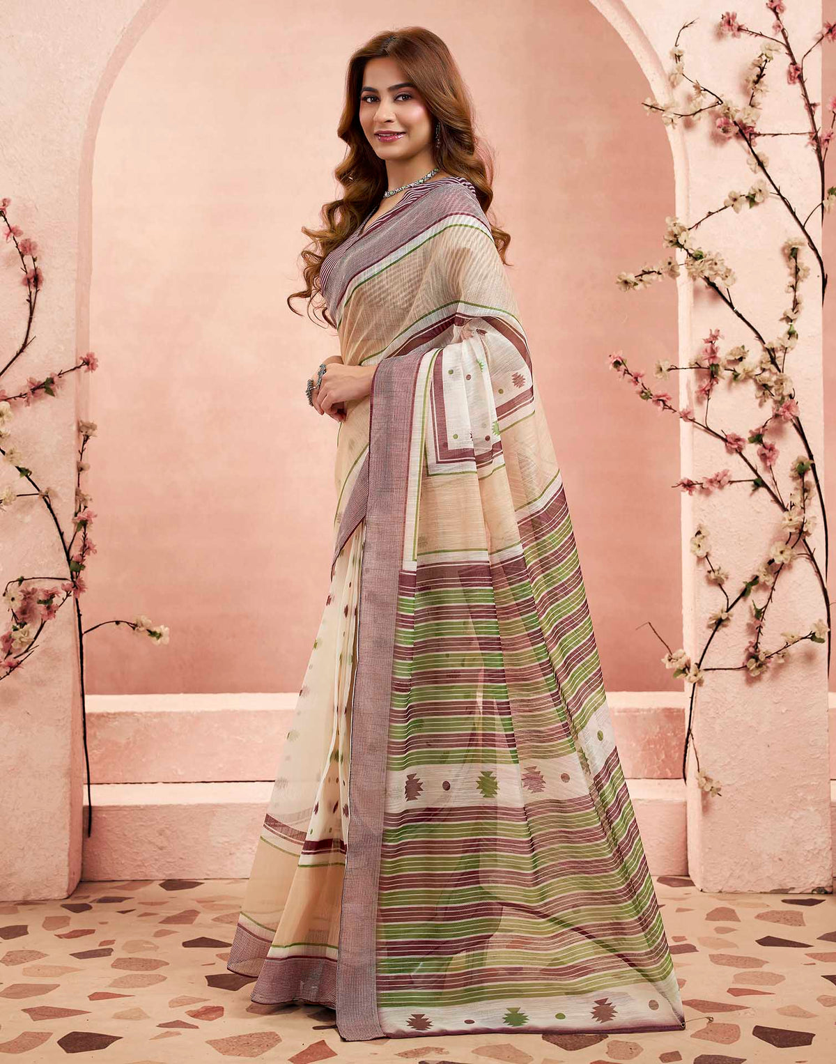 Ready To Wear Off White Linen Printed Saree