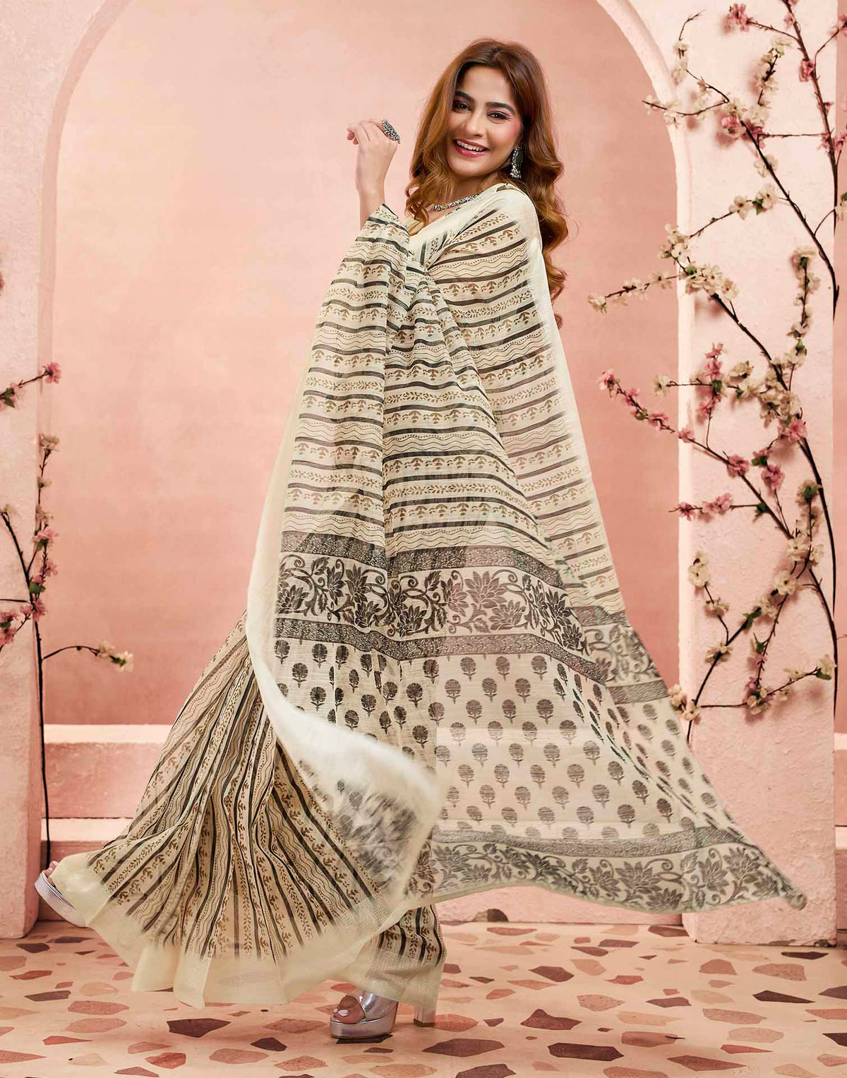 Ready To Wear Beige Linen Printed Saree