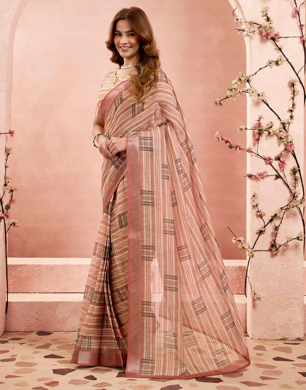 Ready To Wear Peach Linen Printed Saree