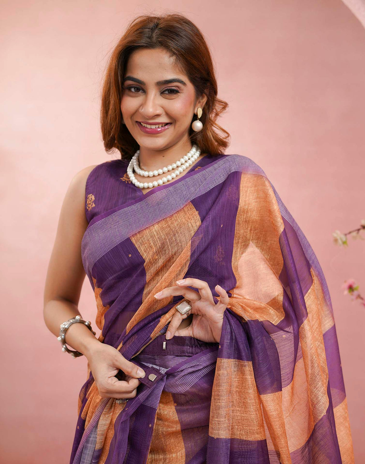 Ready To Wear Purple Linen Printed Saree