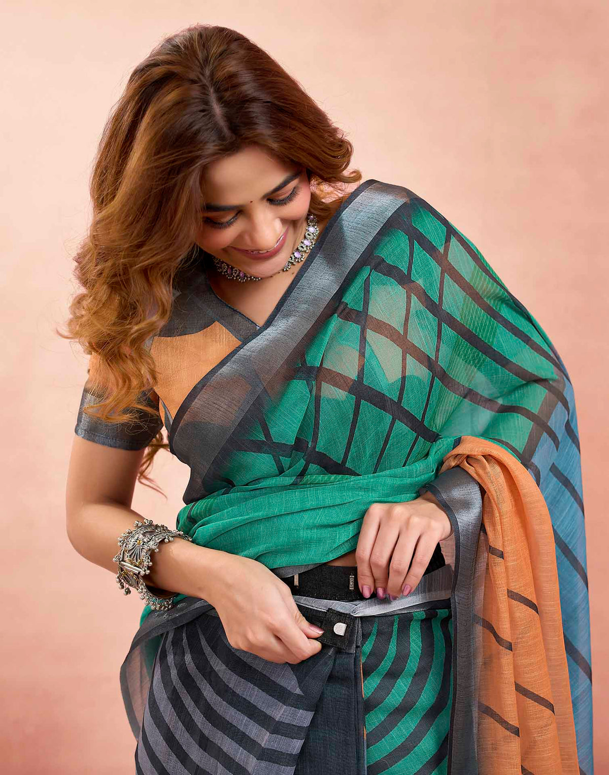 Ready To Wear Turquoise Linen Printed Saree