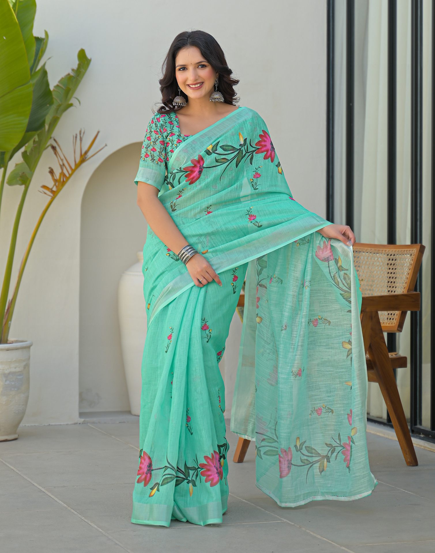 Light Turquoise Linen Floral Printed Saree