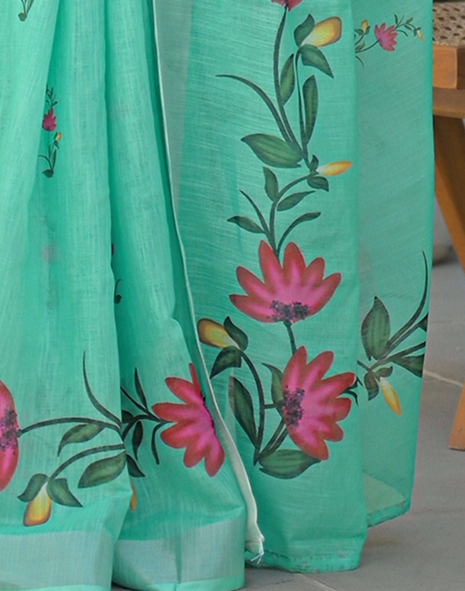 Light Turquoise Linen Floral Printed Saree