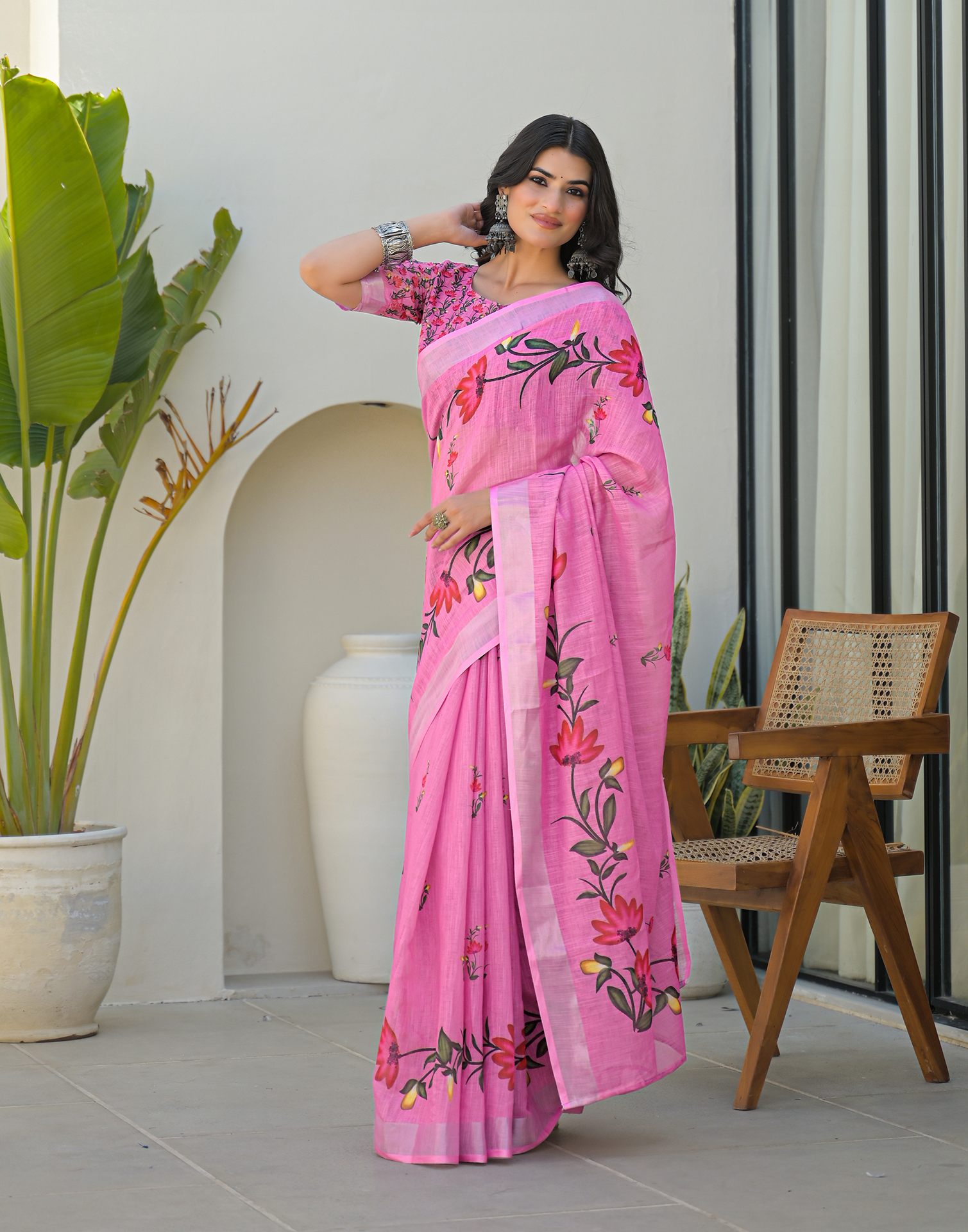 Pink Linen Floral Printed Saree