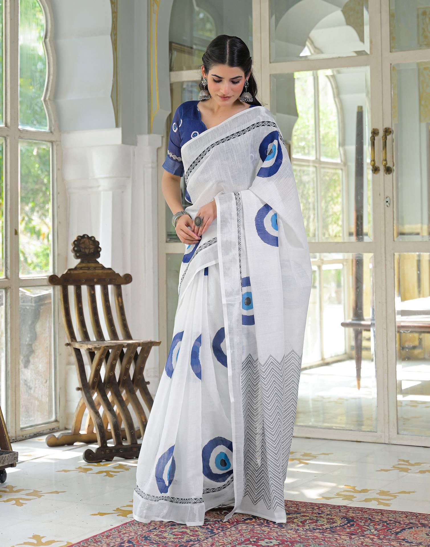 White Linen Printed Saree