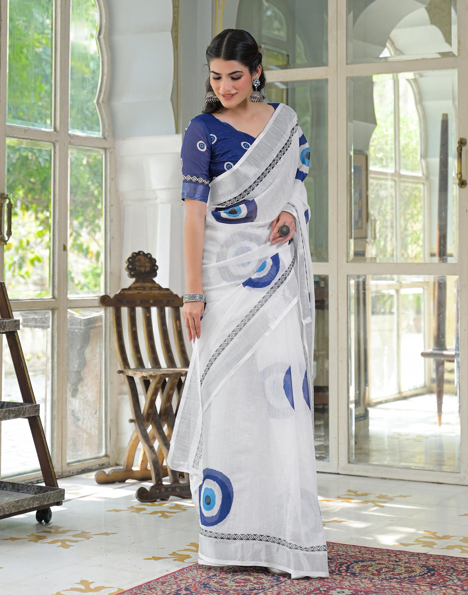 White Linen Printed Saree