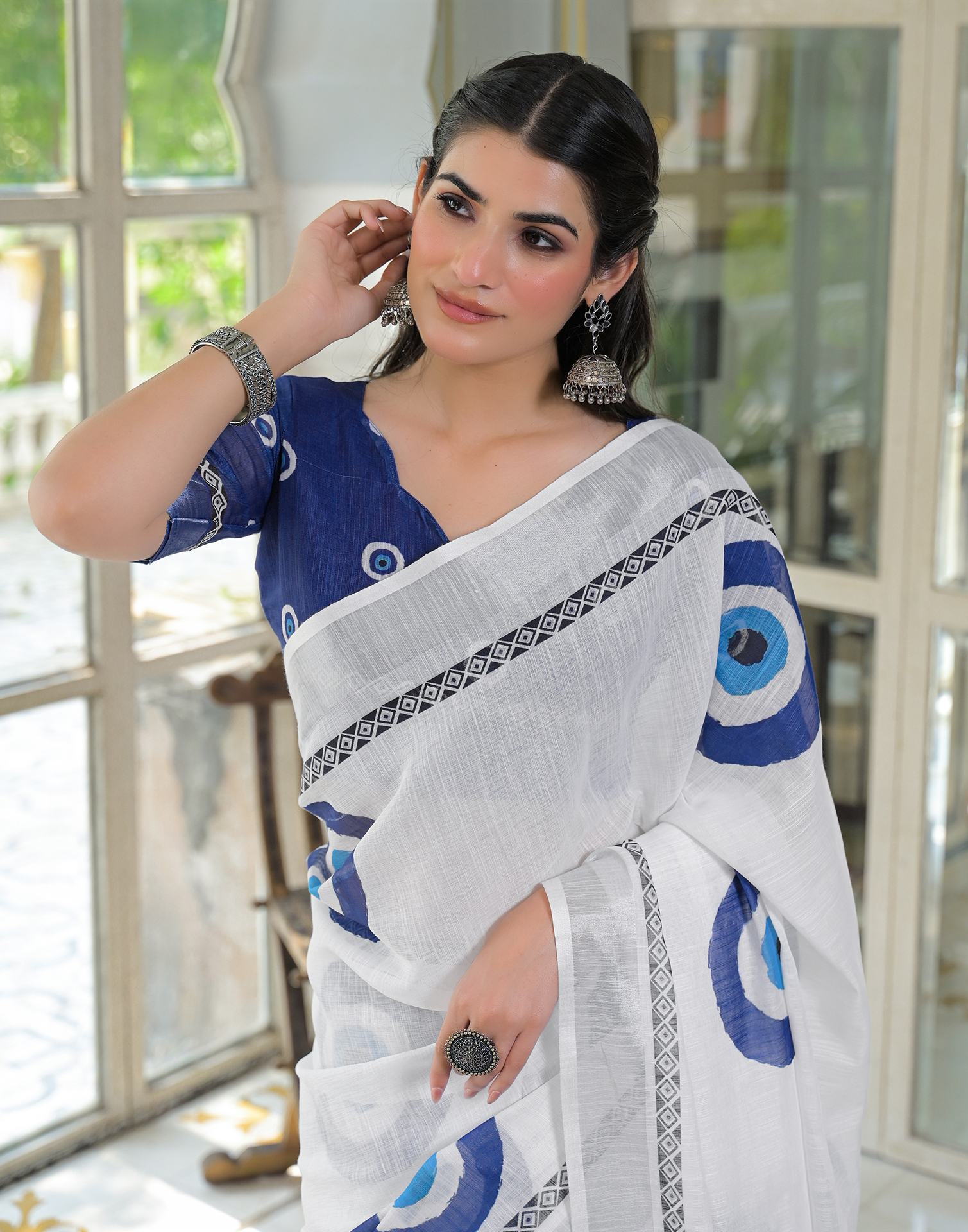 White Linen Printed Saree