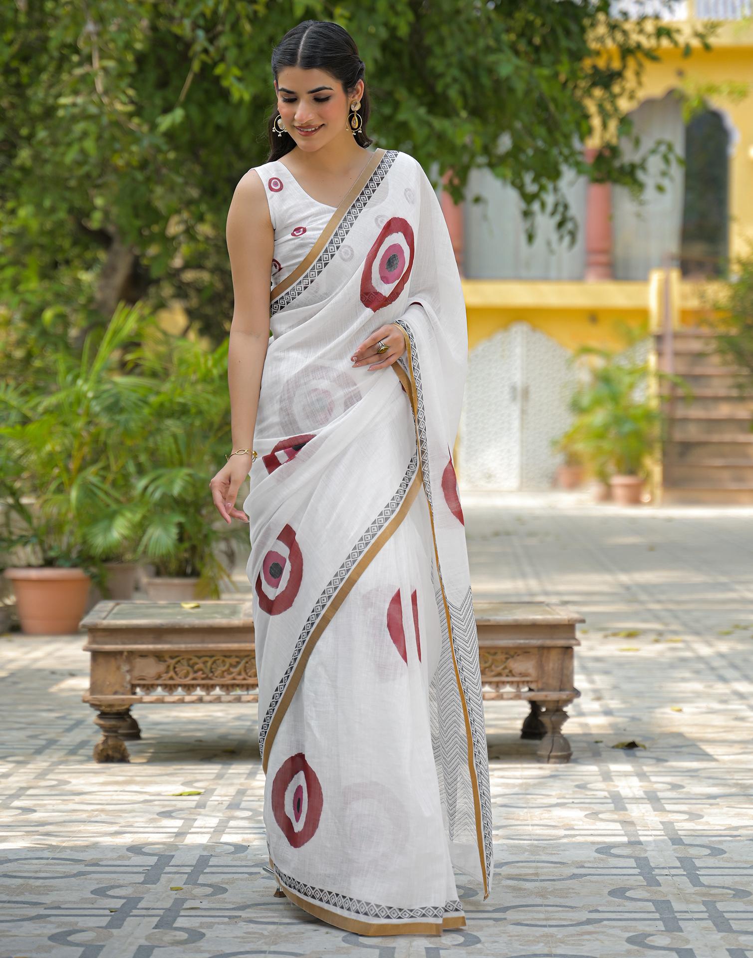 White Linen Printed Saree