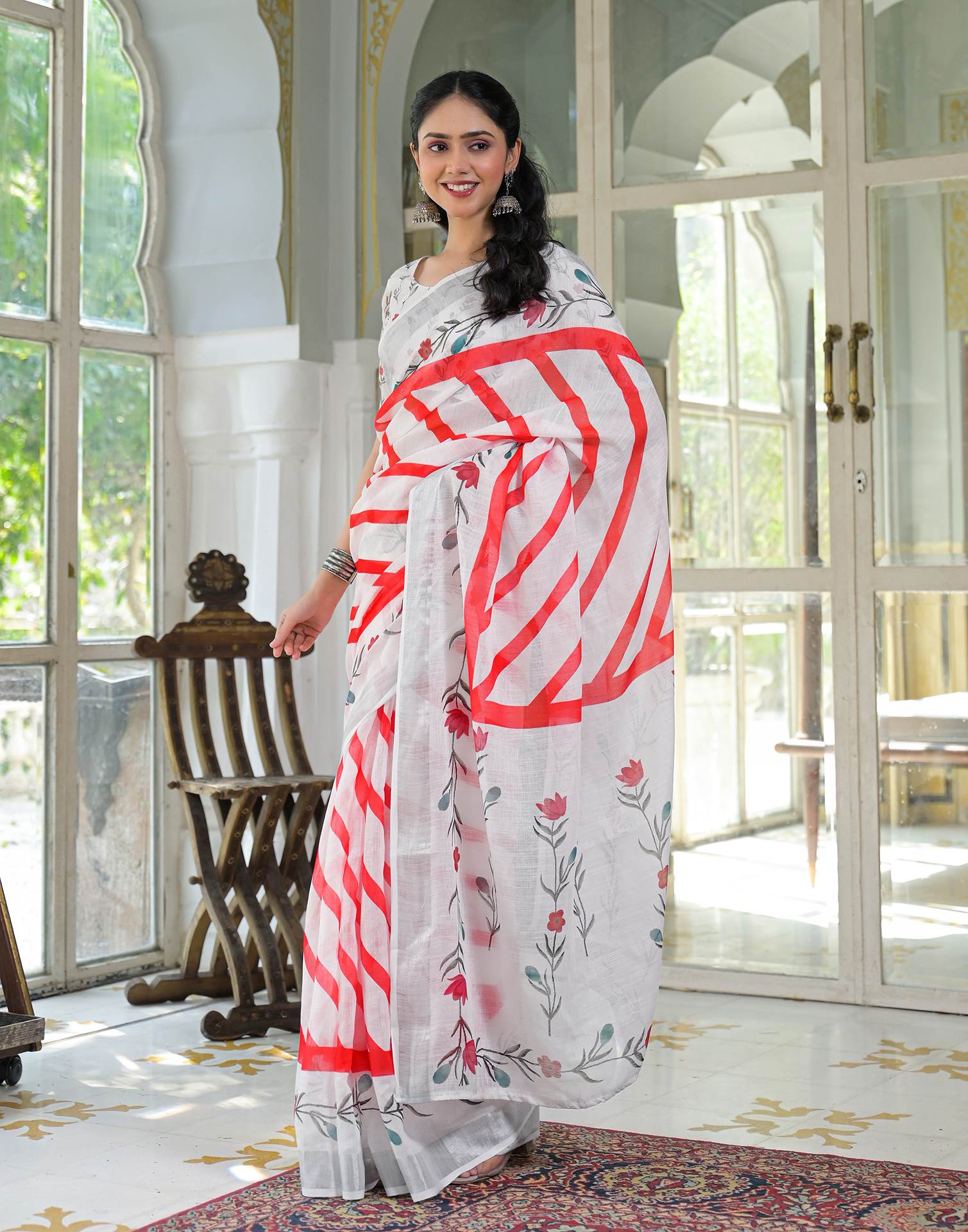 White Linen Printed Saree