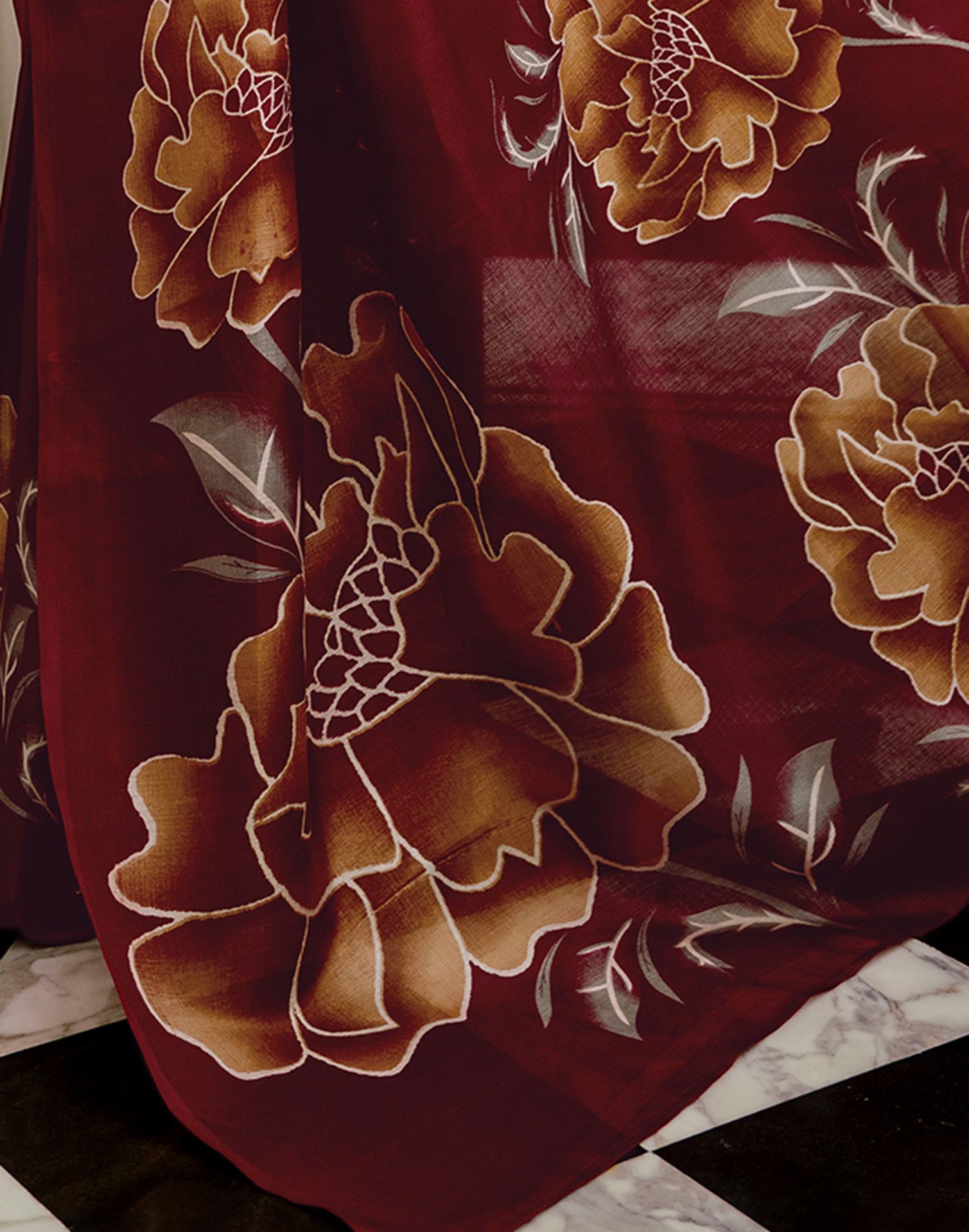 Maroon Khadi Floral Printed Saree