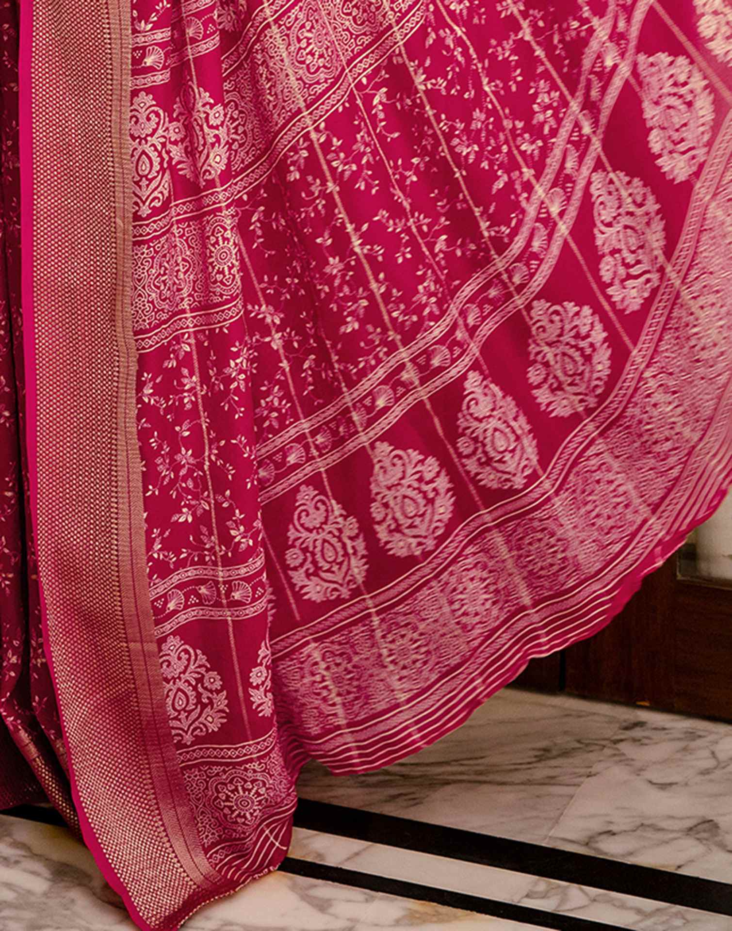 Rani Pink Georgette Printed Zari Stripe Saree