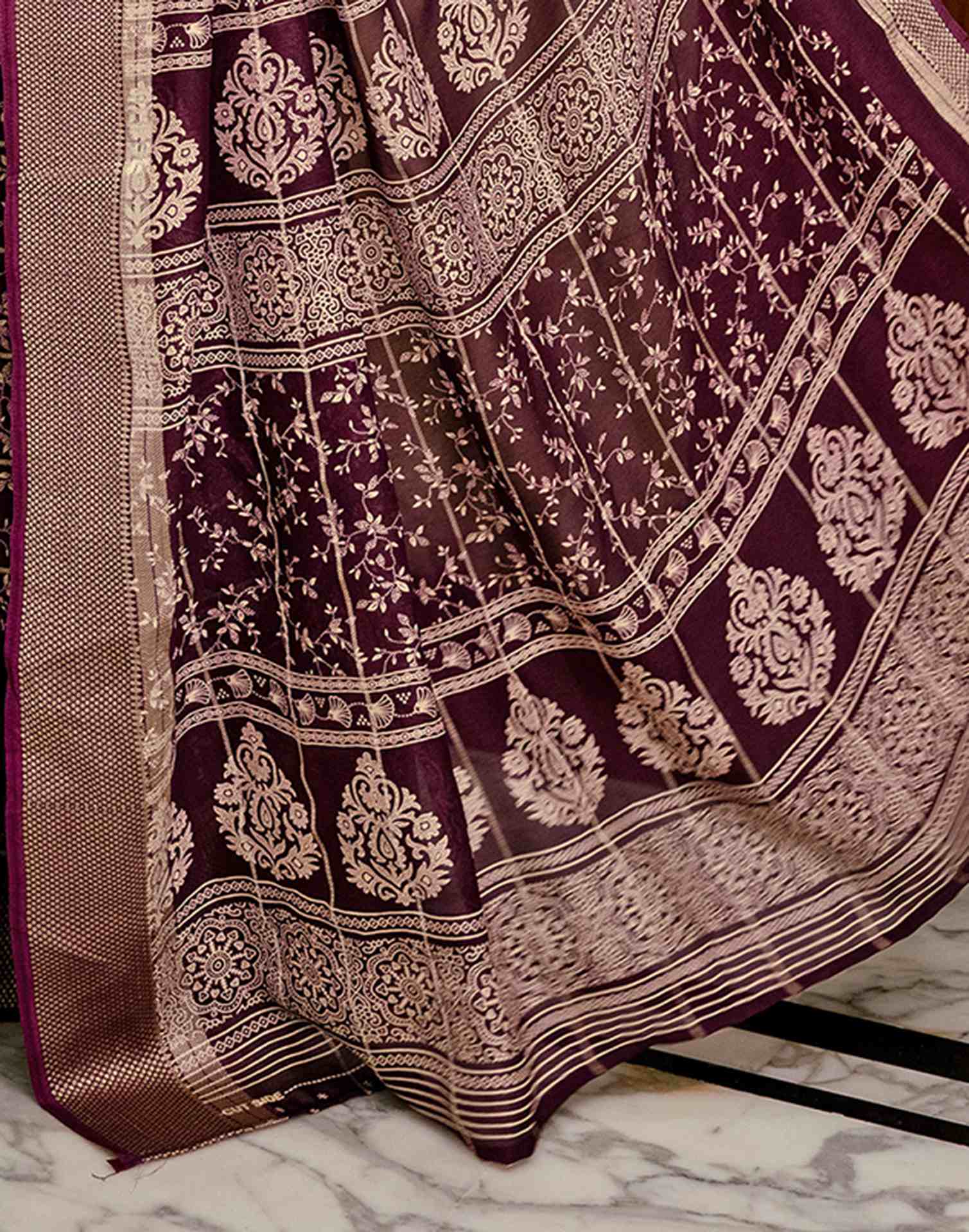Wine Georgette Printed Zari Stripe Saree