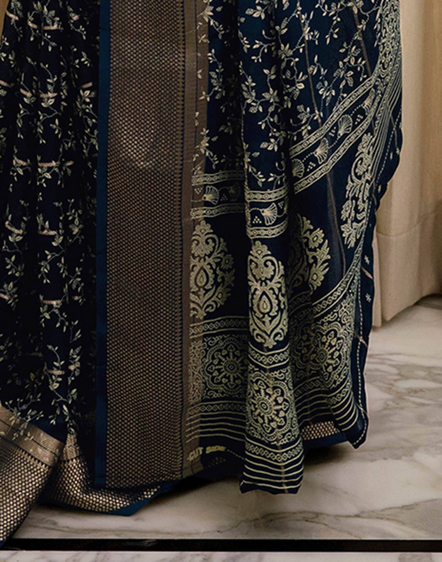 Blue Georgette Printed Zari Stripe Saree