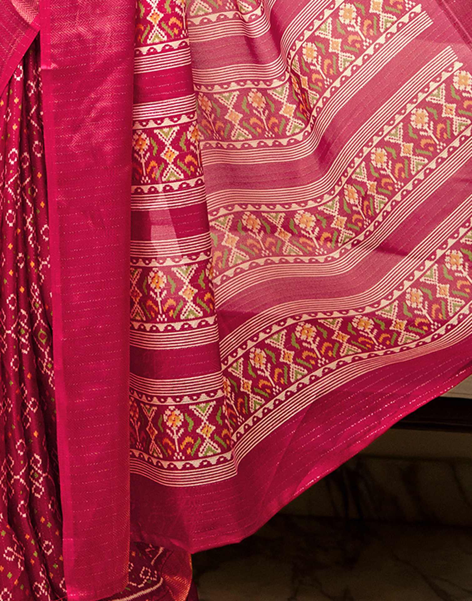 Pink Silk Printed Zari Stripe Saree