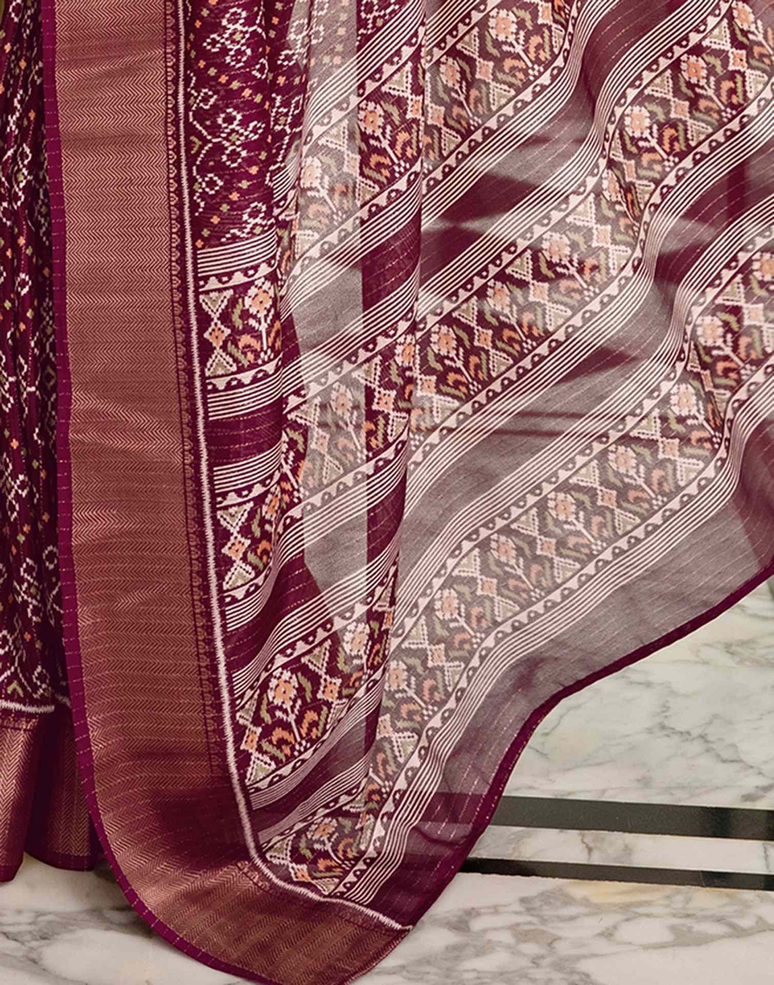 Wine Silk Printed Zari Stripe Saree