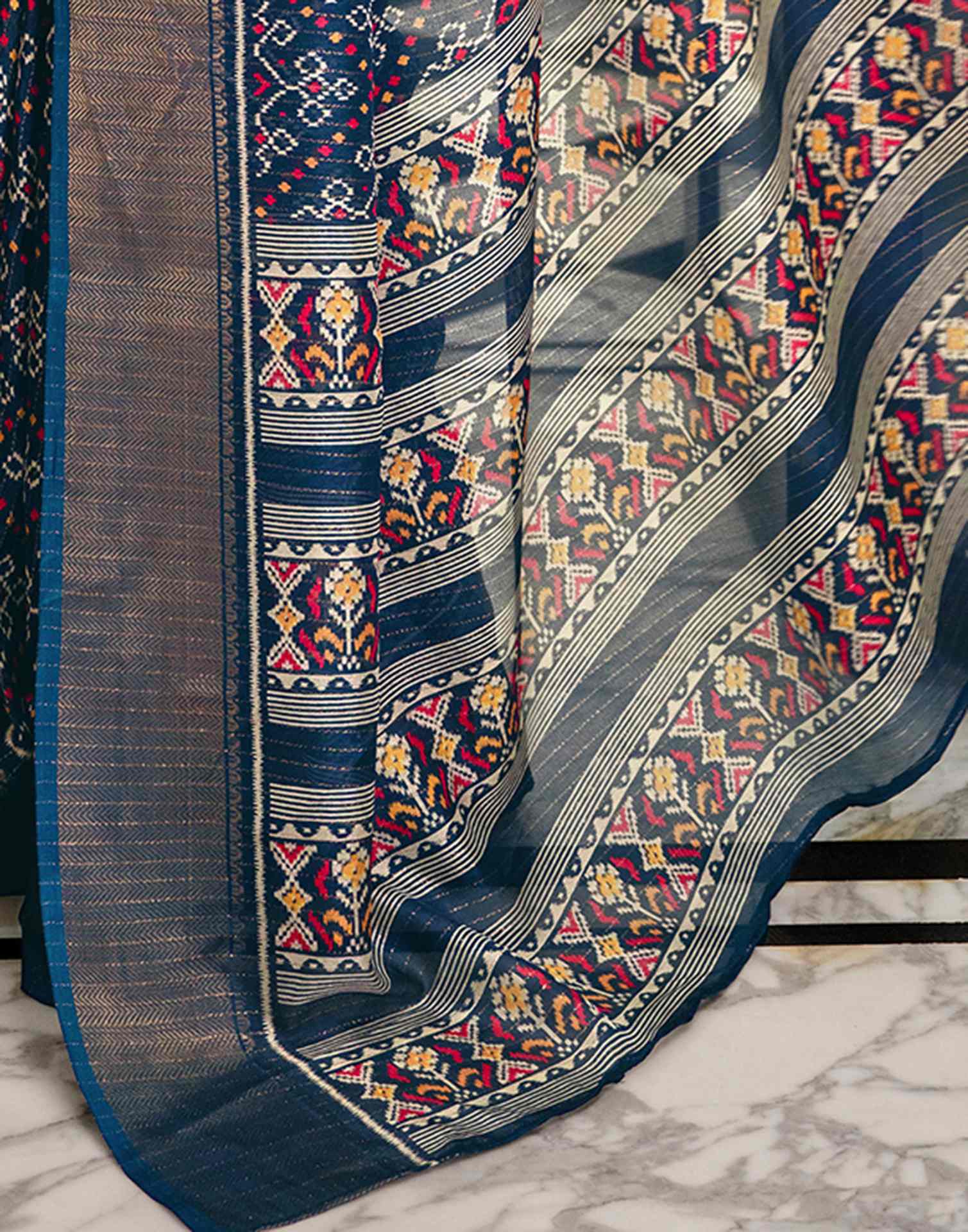 Navy Blue Silk Printed Zari Stripe Saree