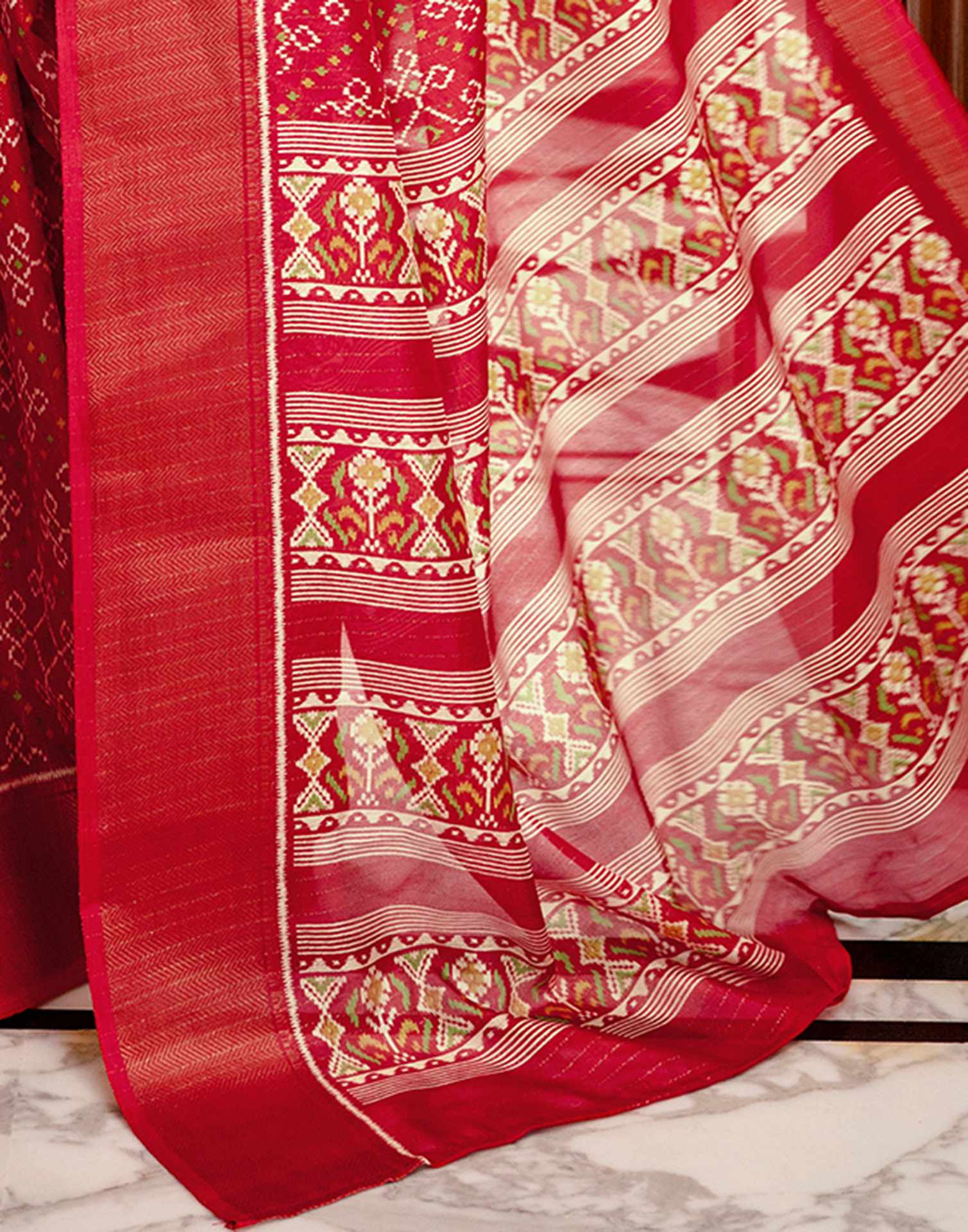 Red Silk Printed Zari Stripe Saree