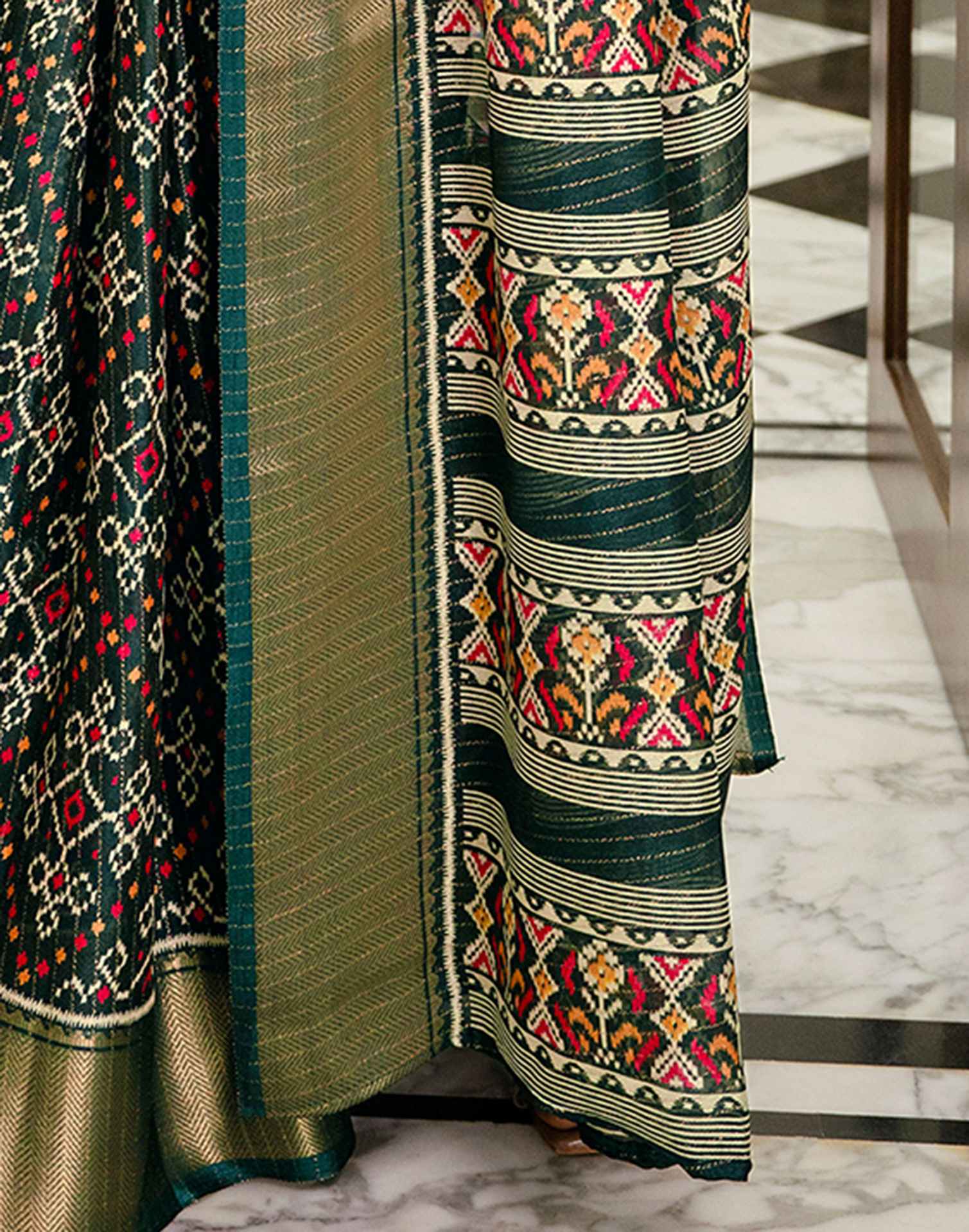 Dark Green Silk Printed Zari Stripe Saree