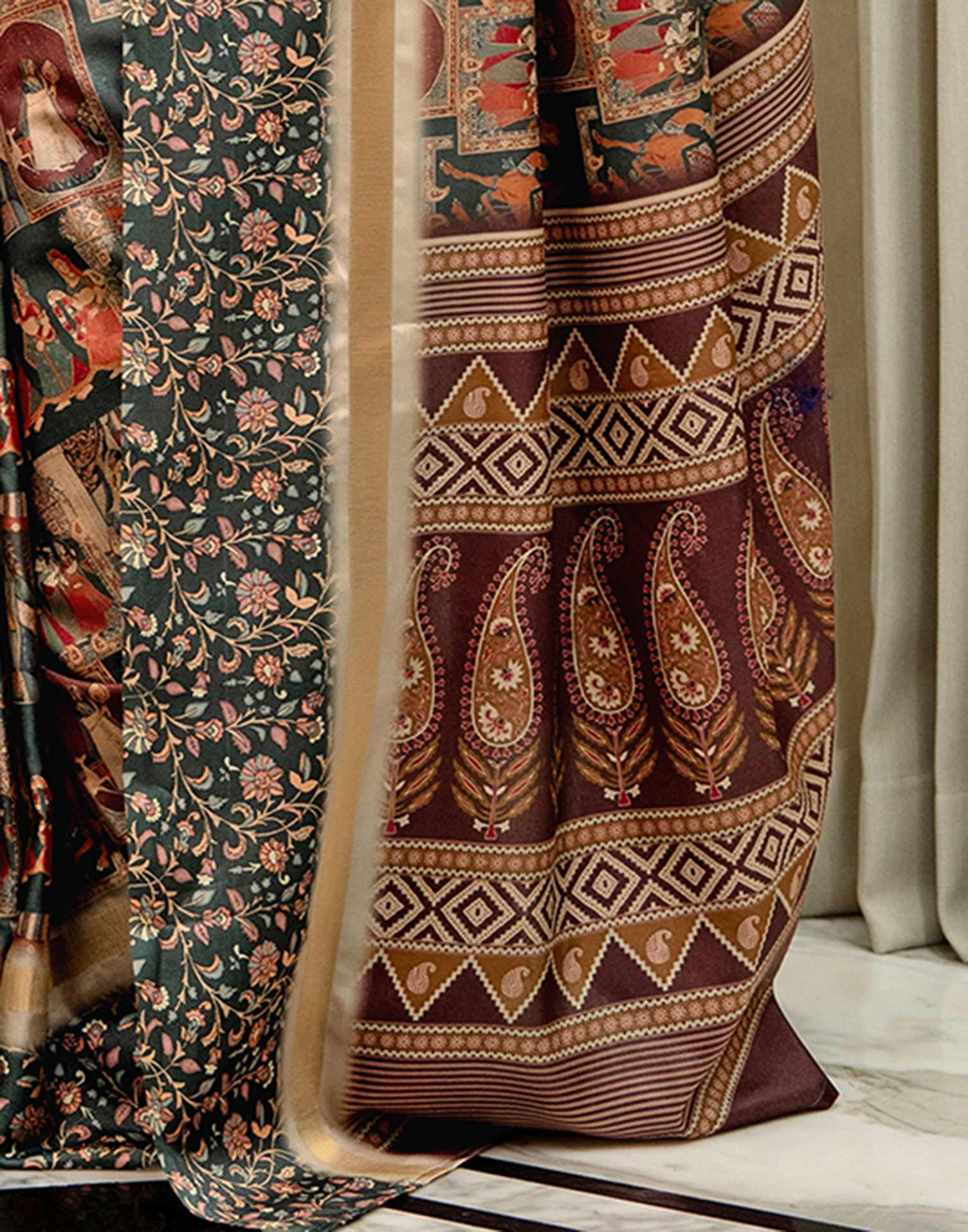 Dusty Rama Green Silk Kalamkari Printed Saree
