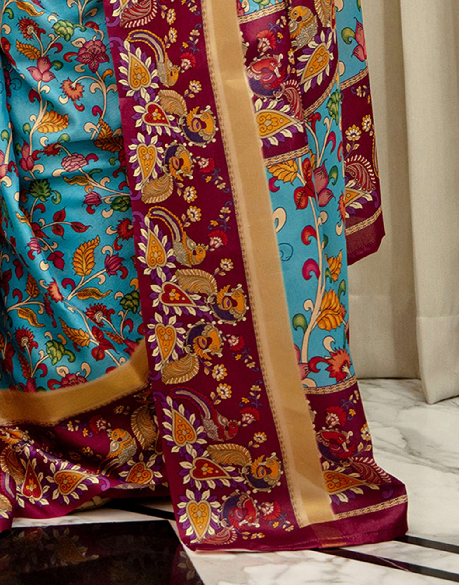 Turquoise Blue Silk Printed Saree