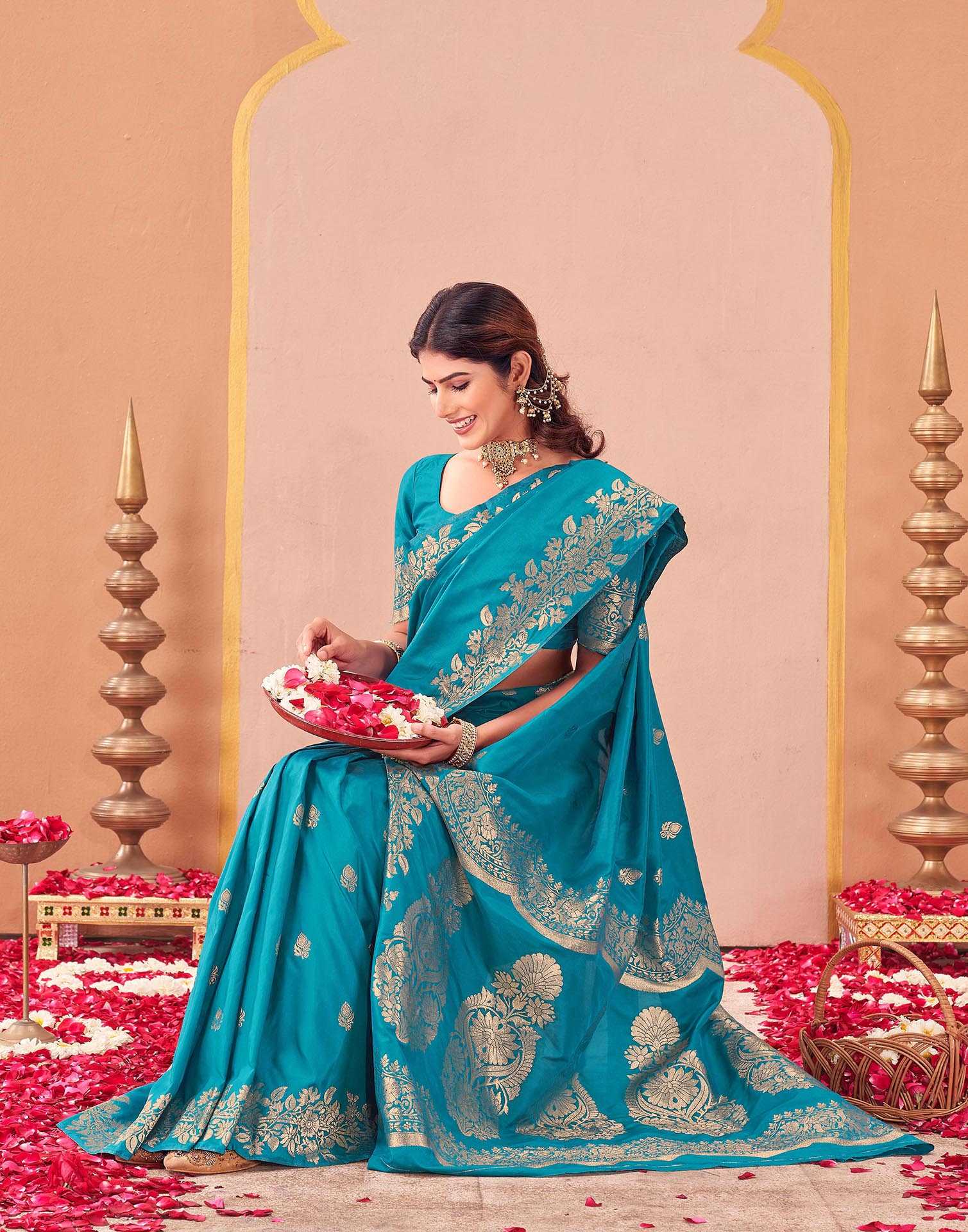 Teal Blue Silk Woven Banarasi Saree