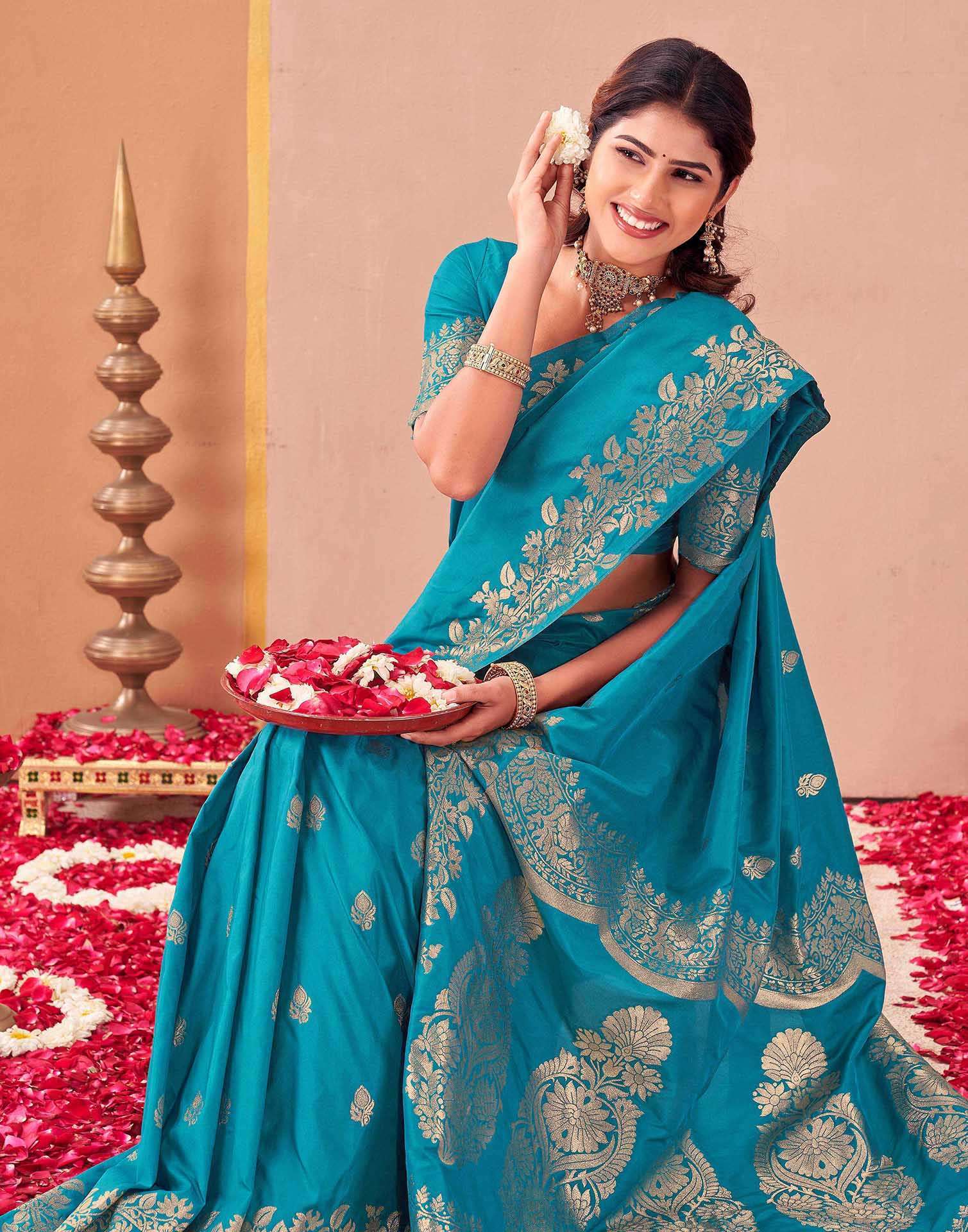 Teal Blue Silk Woven Banarasi Saree