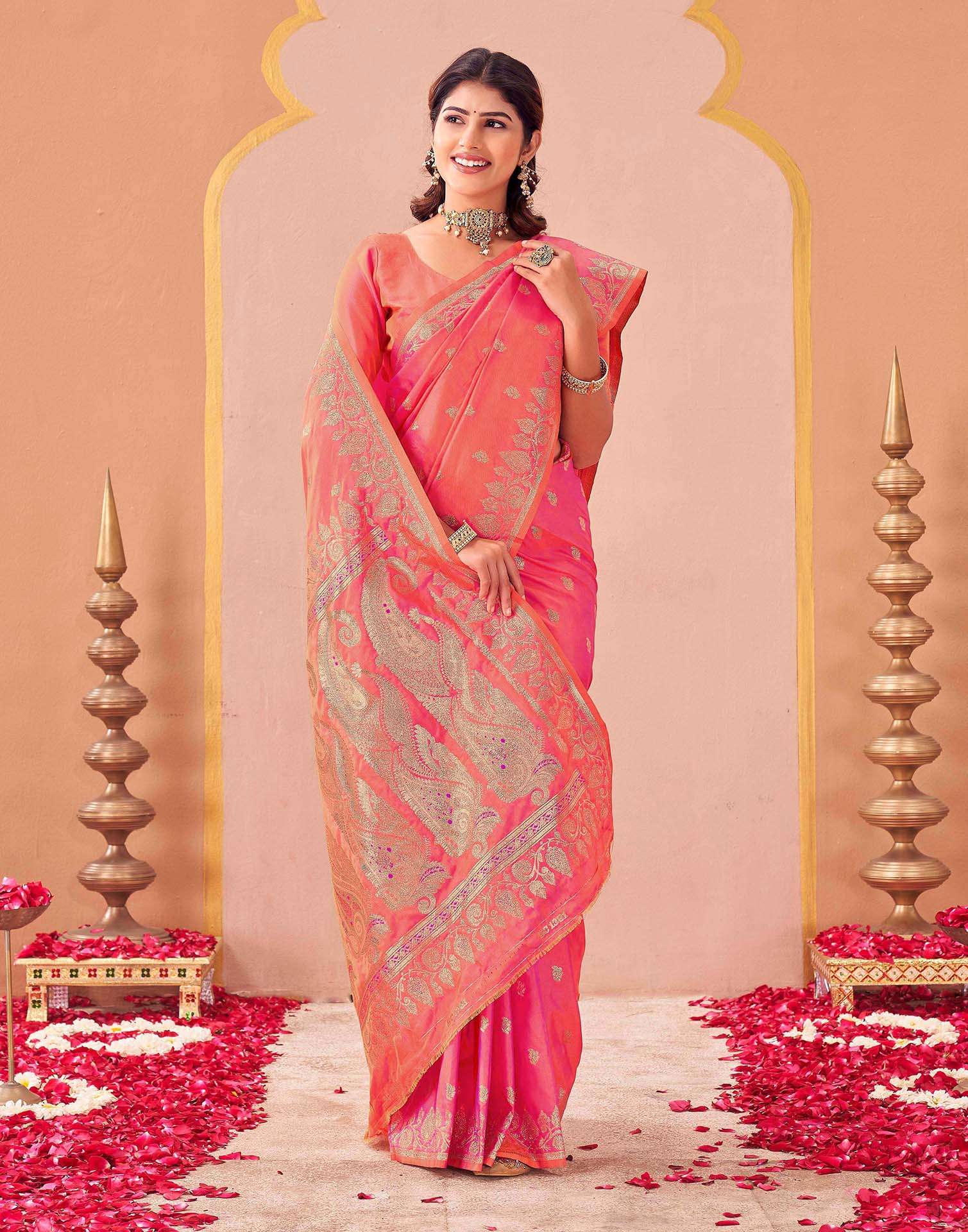 Orange Silk Woven Banarasi Saree