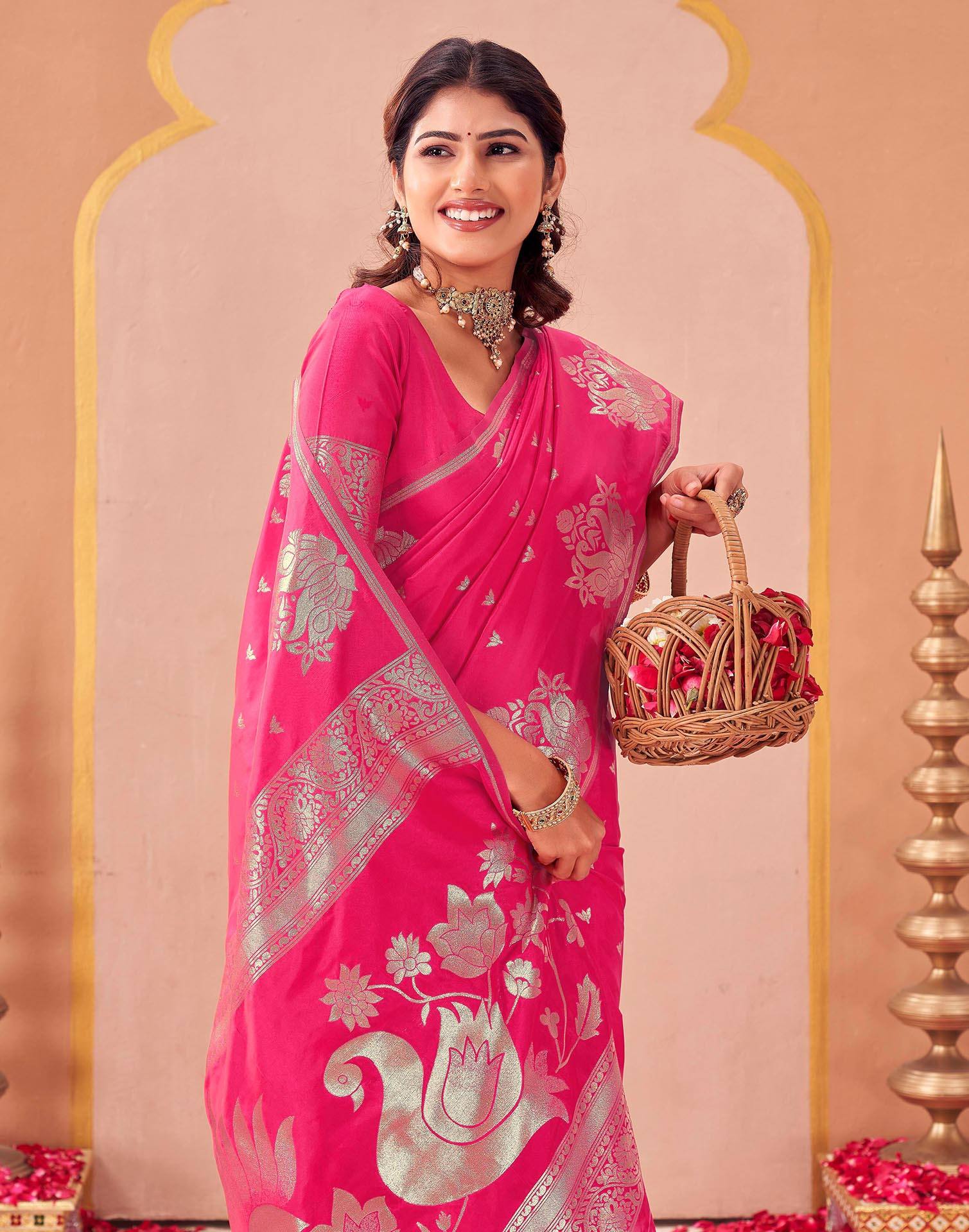 Rani Pink Silk Woven Banarasi Saree