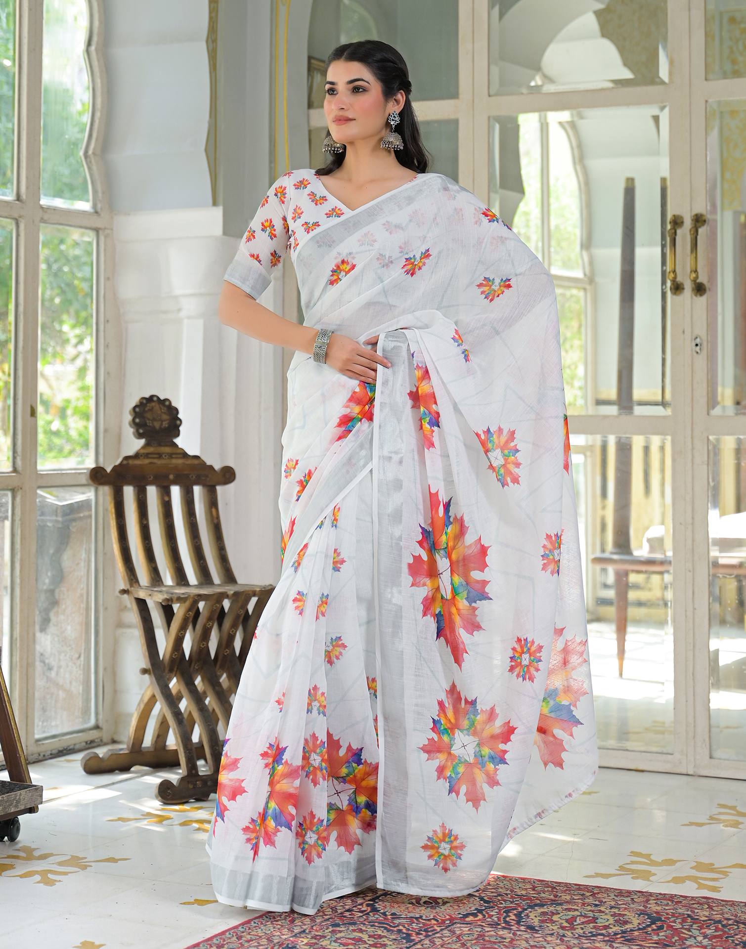 White Linen Floral Printed Saree