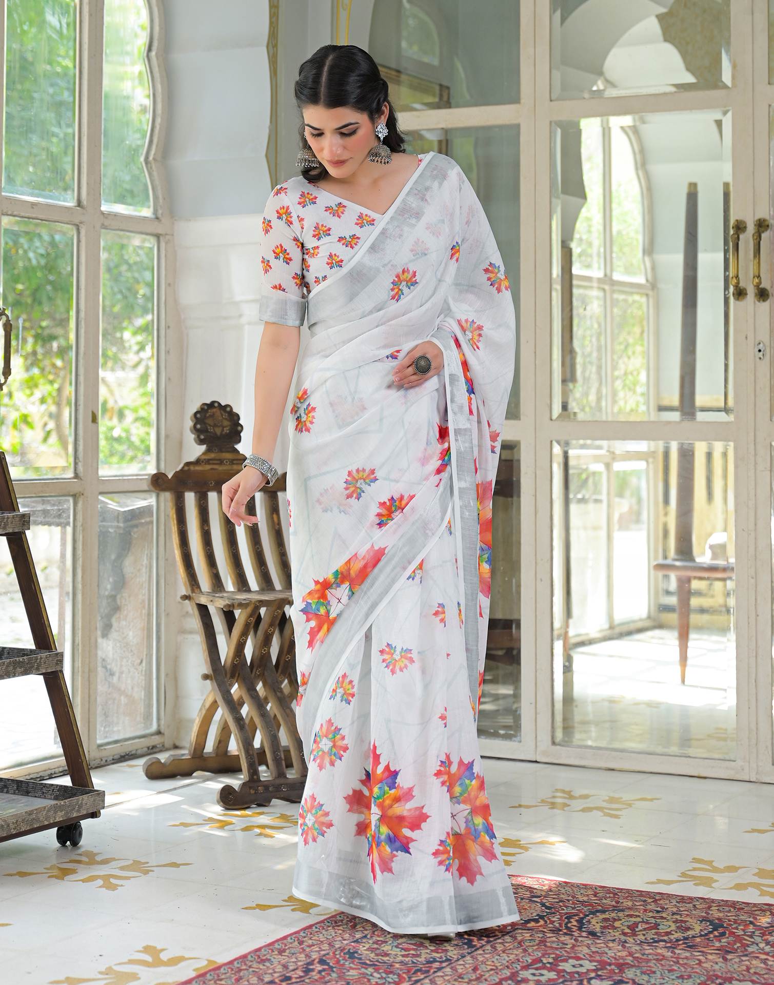 White Linen Floral Printed Saree
