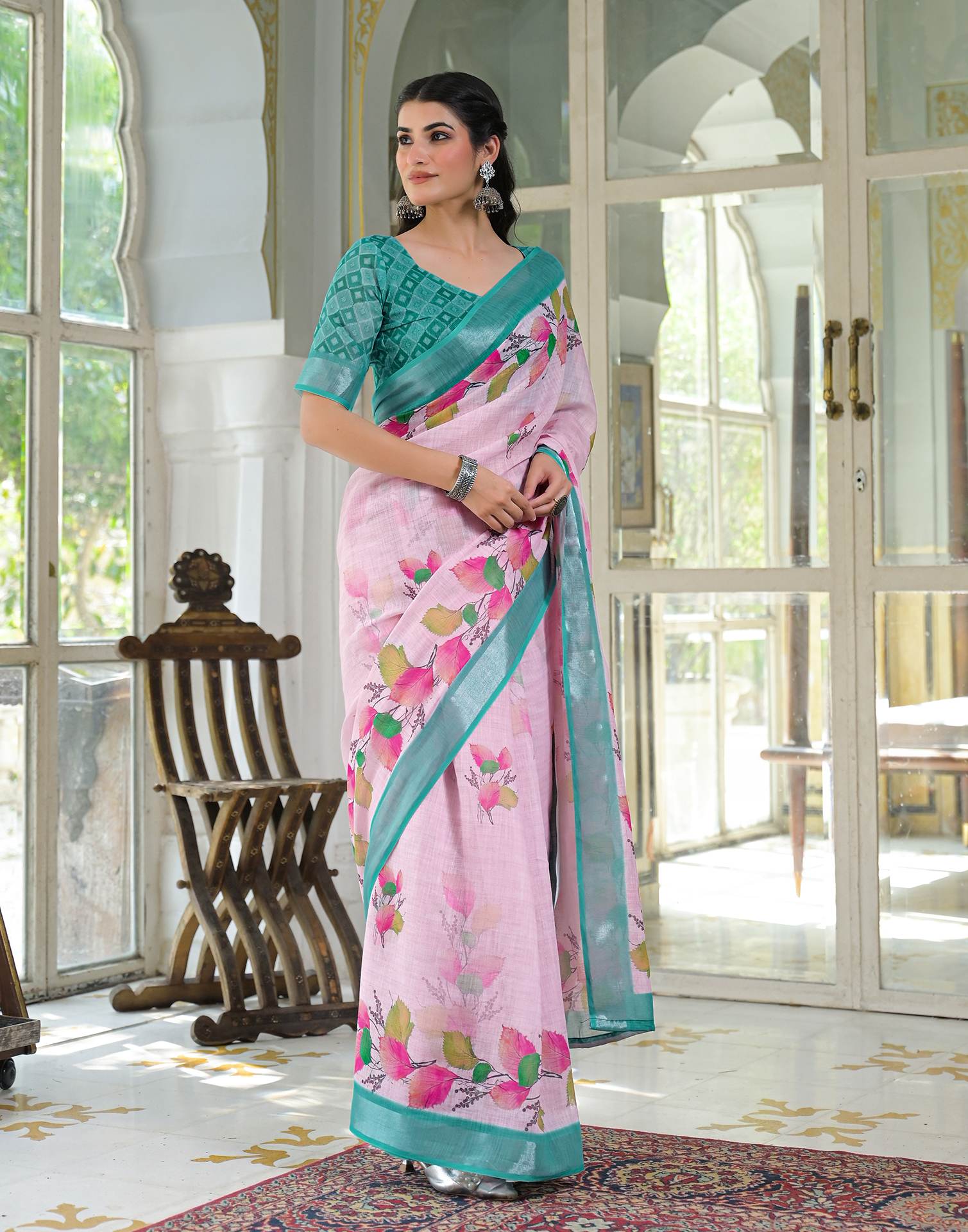 Light Pink Linen Floral Printed Saree