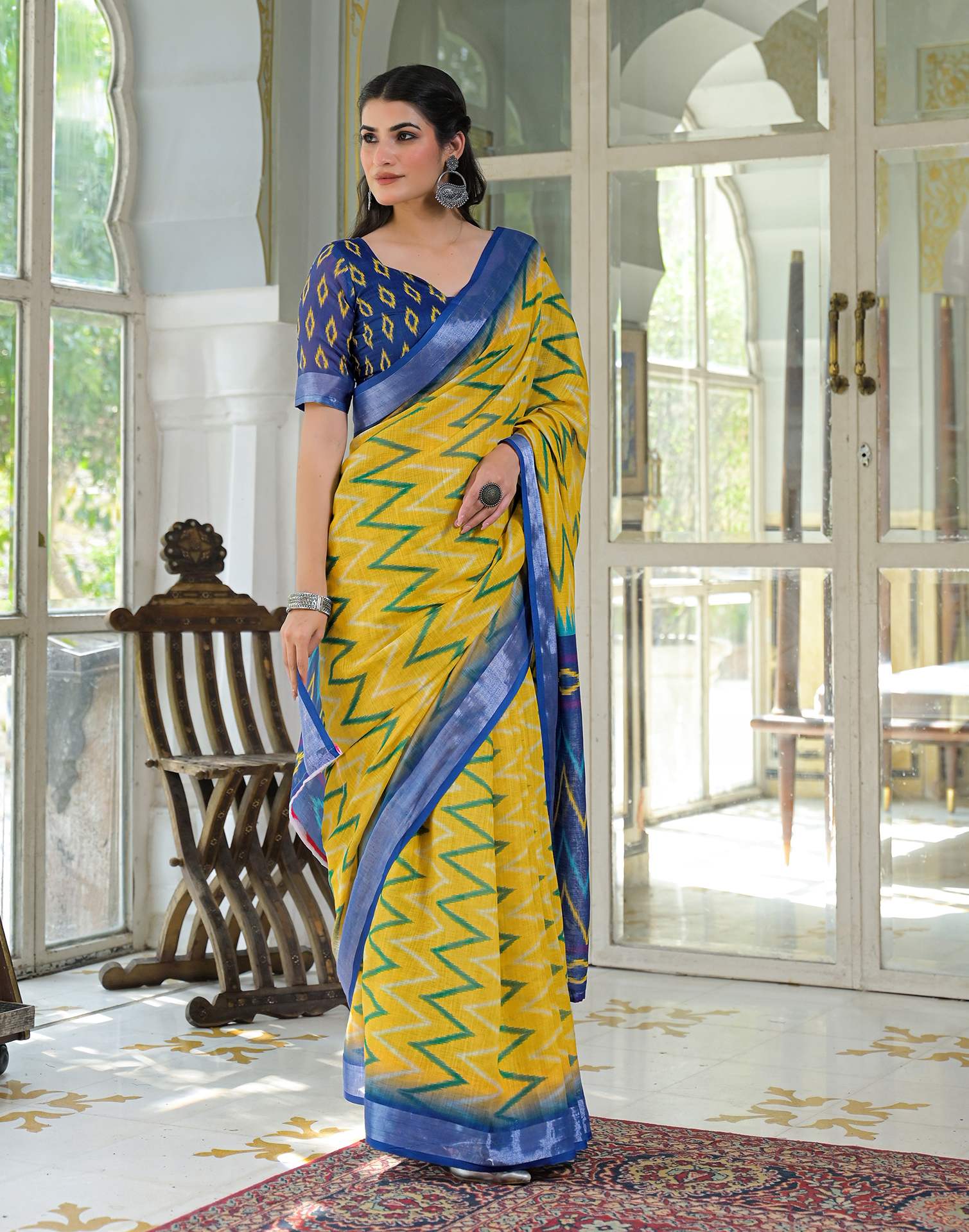 Yellow Linen Floral Printed Saree