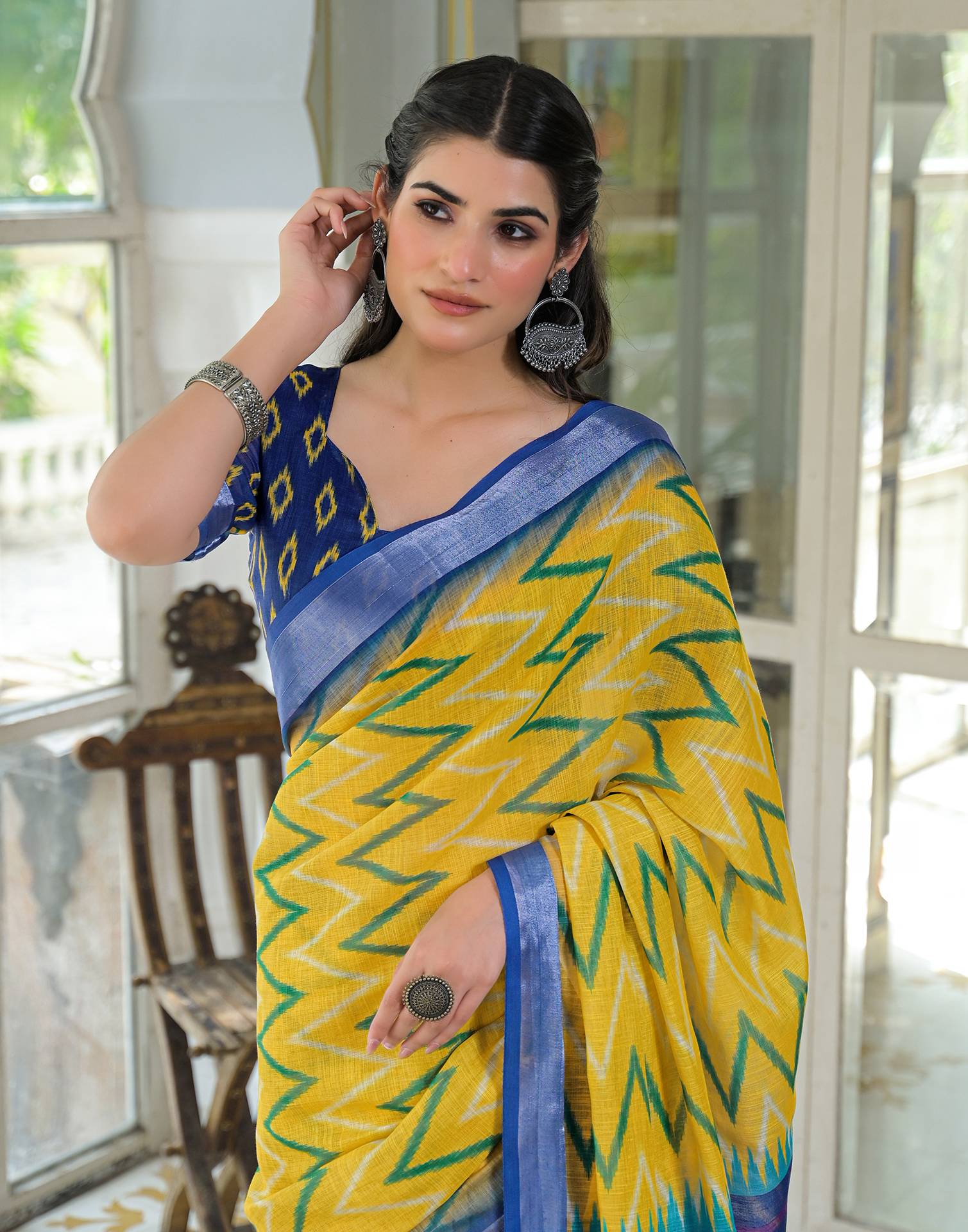 Yellow Linen Floral Printed Saree