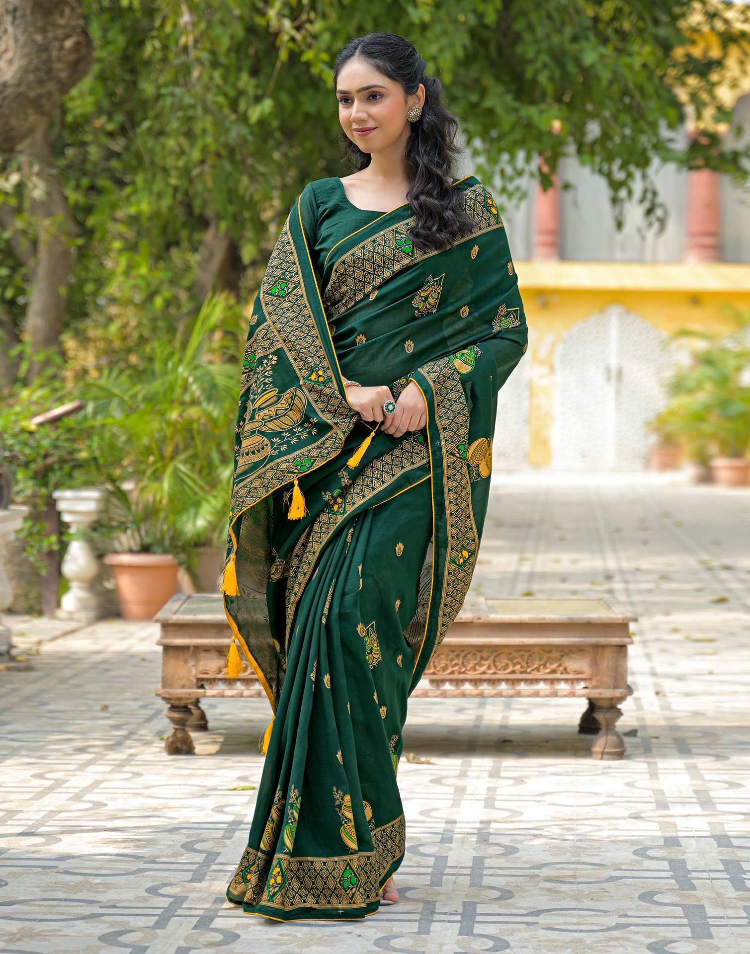 Green Vichitra Silk Foil Printed Saree