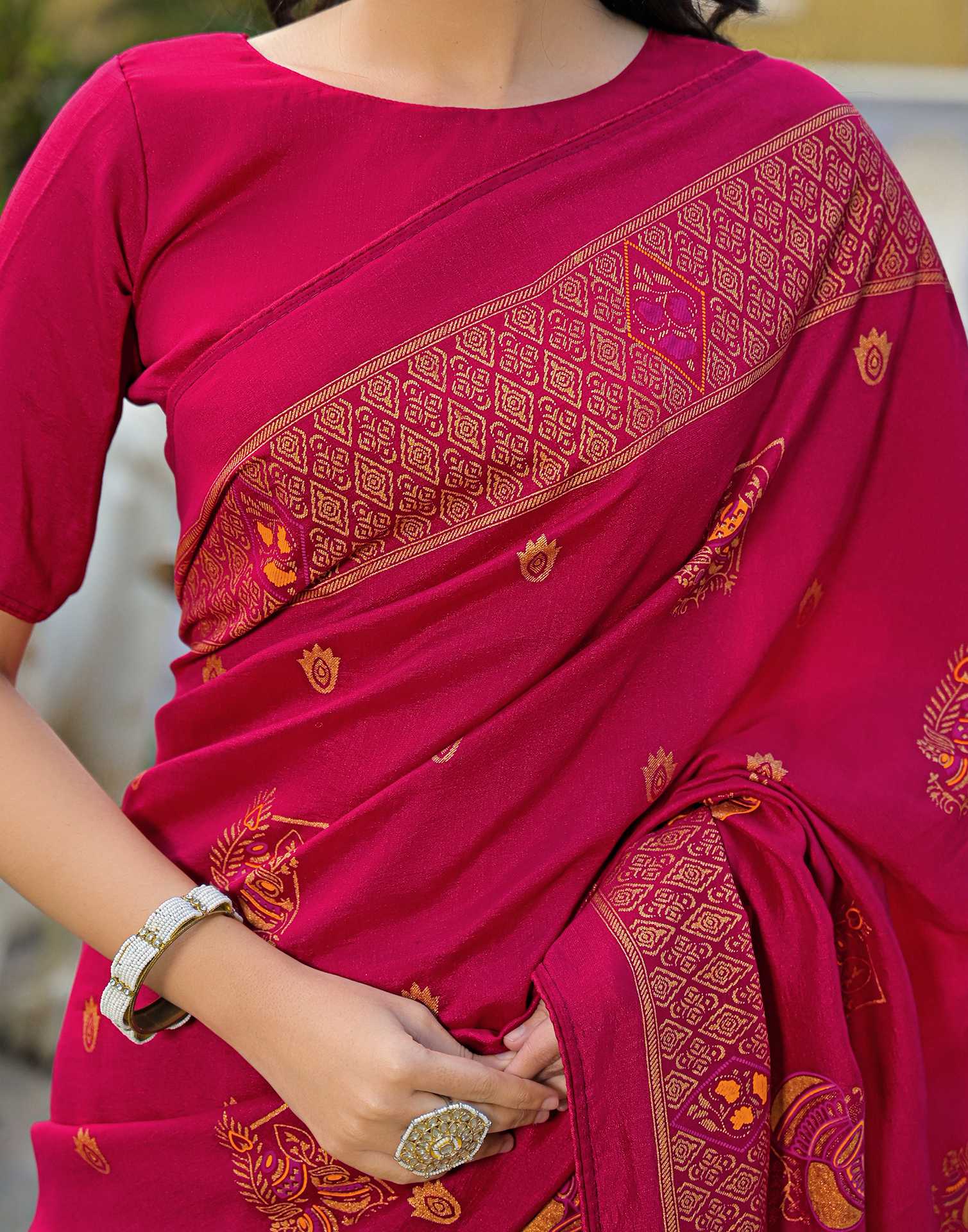 Dark Pink Vichitra Silk Foil Printed Saree