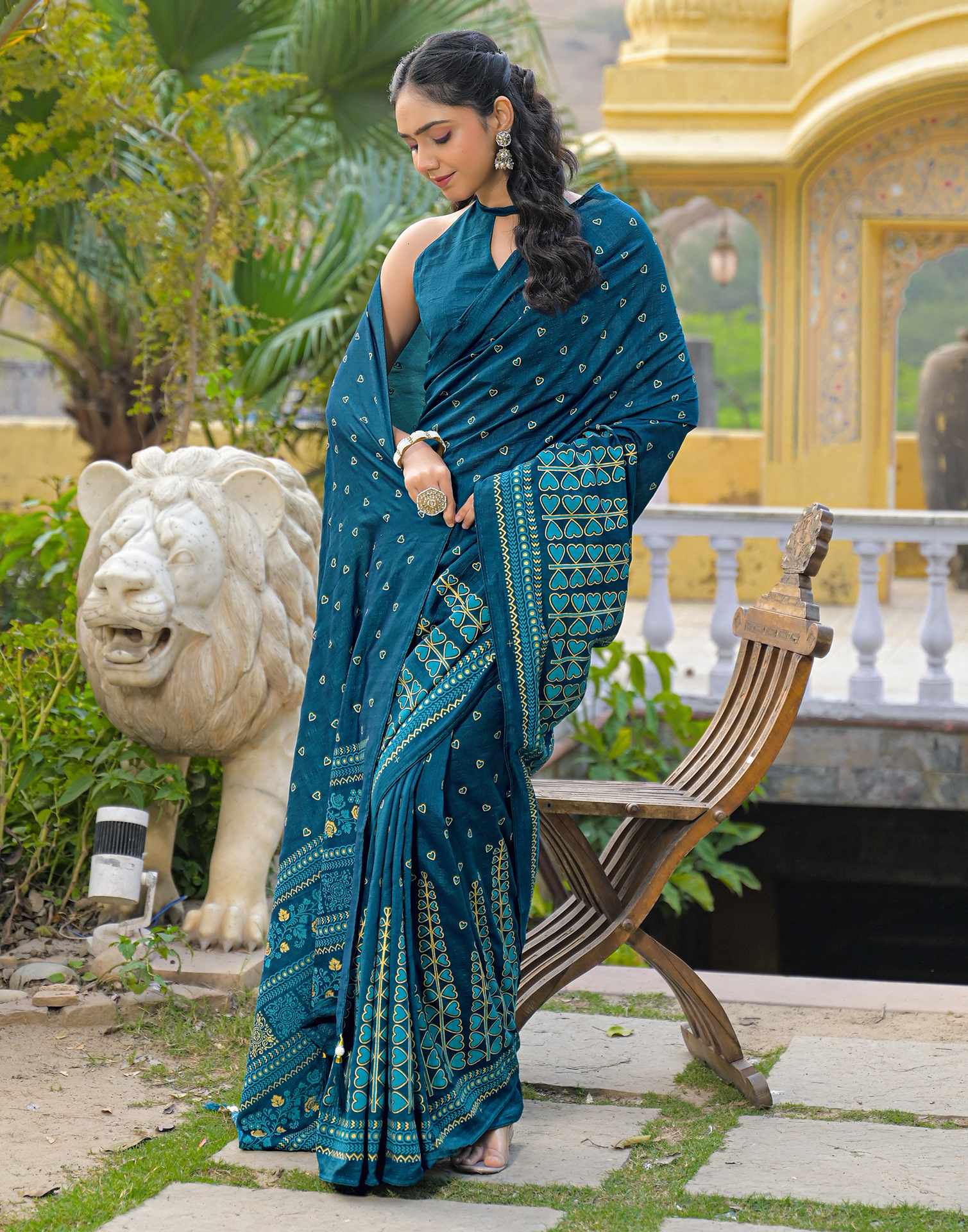 Rama Blue Vichitra Silk Foil Printed Saree