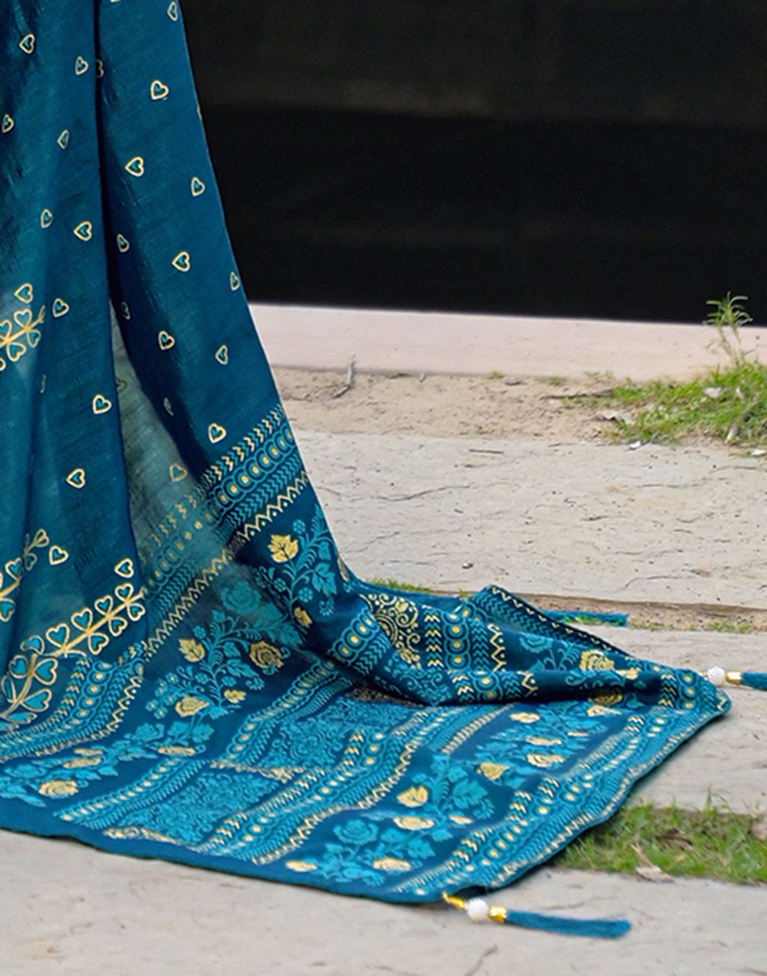 Rama Blue Vichitra Silk Foil Printed Saree