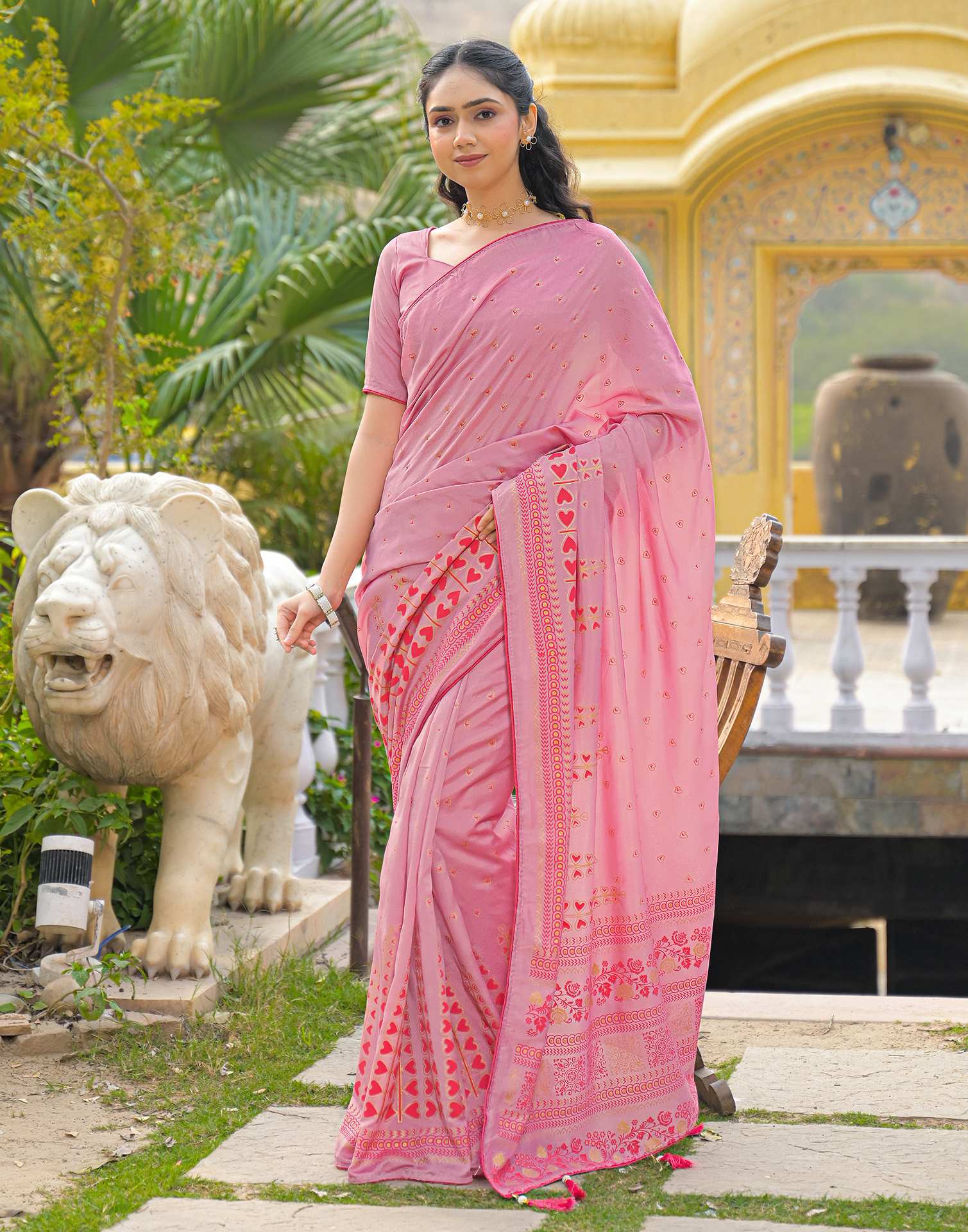 Light Pink Vichitra Silk Foil Printed Saree