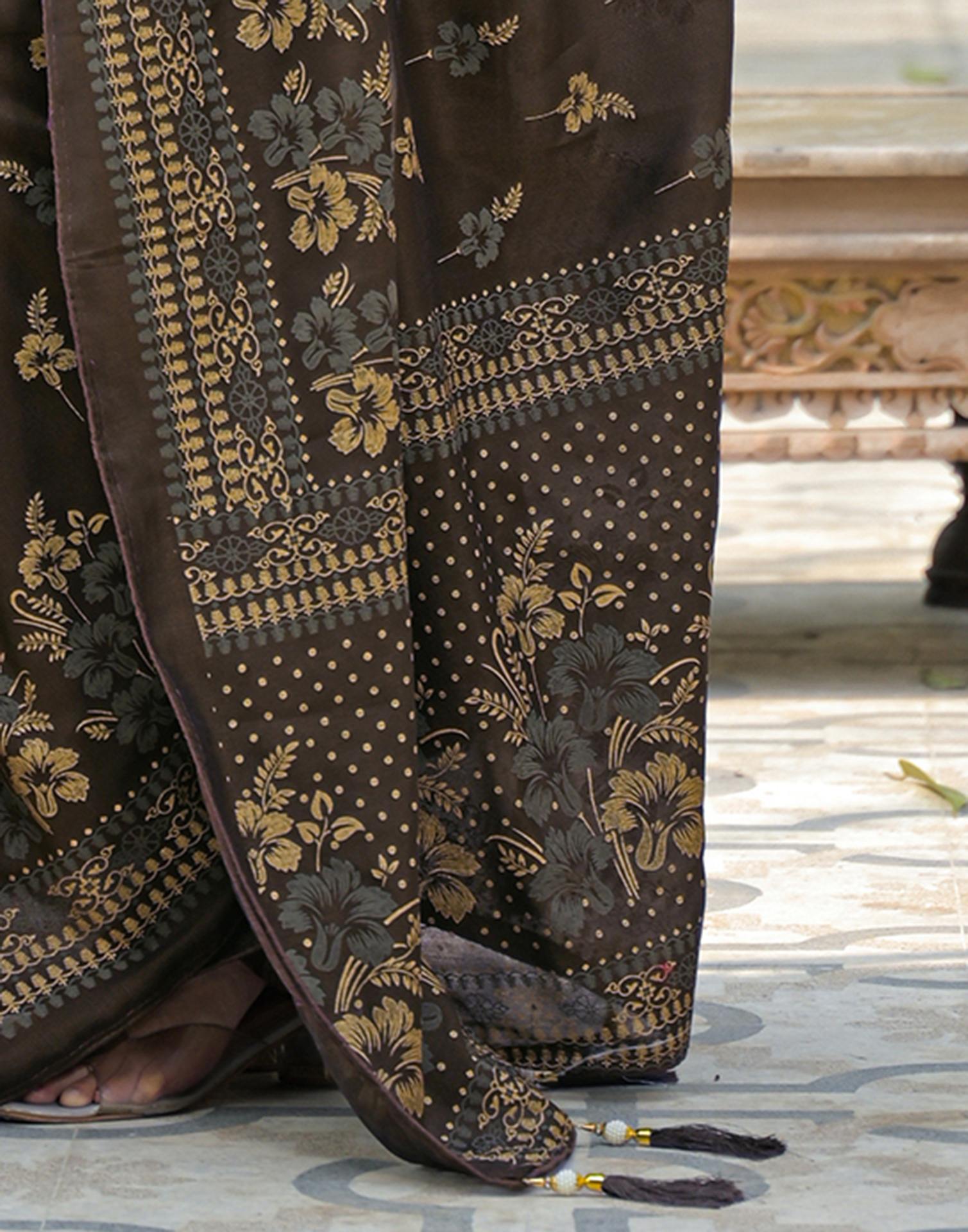 Dark Brown Vichitra Silk Foil Printed Saree