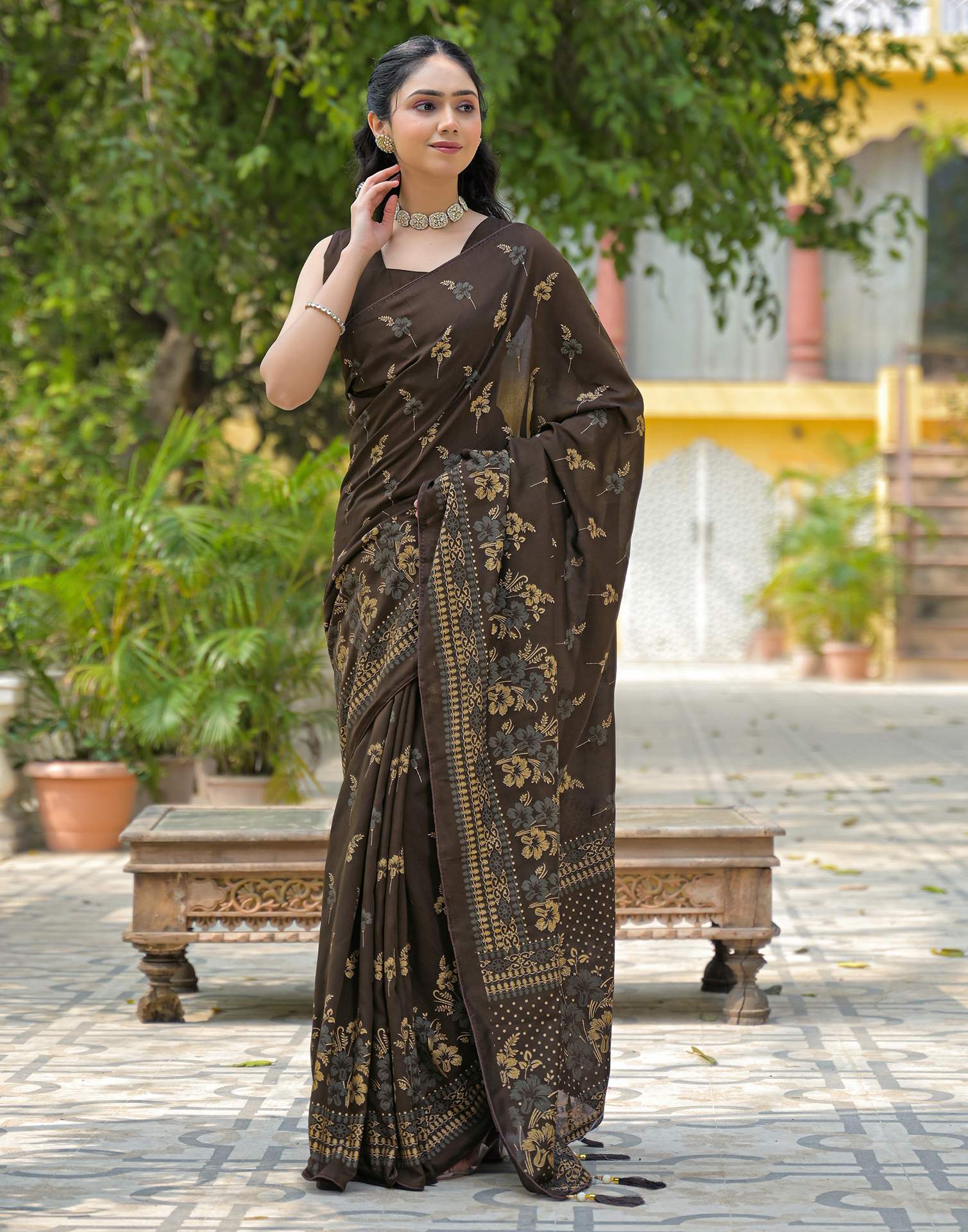 Dark Brown Vichitra Silk Foil Printed Saree